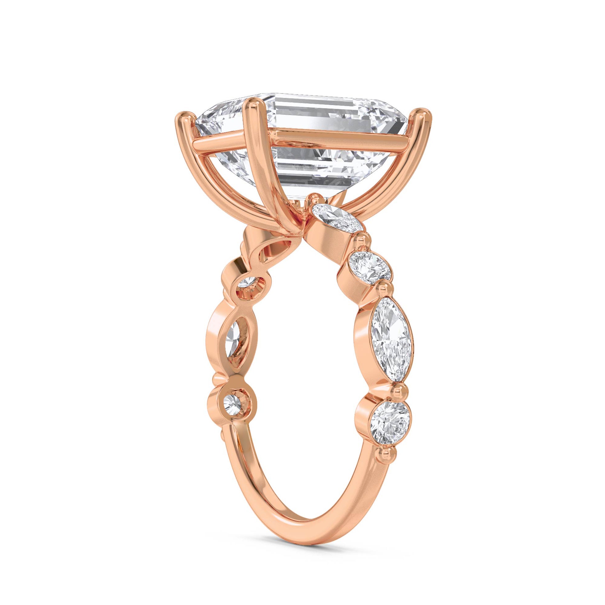 Emerald Cut Diamond Ring with Graduated Diamond Accents - Rose Gold - Pose 2