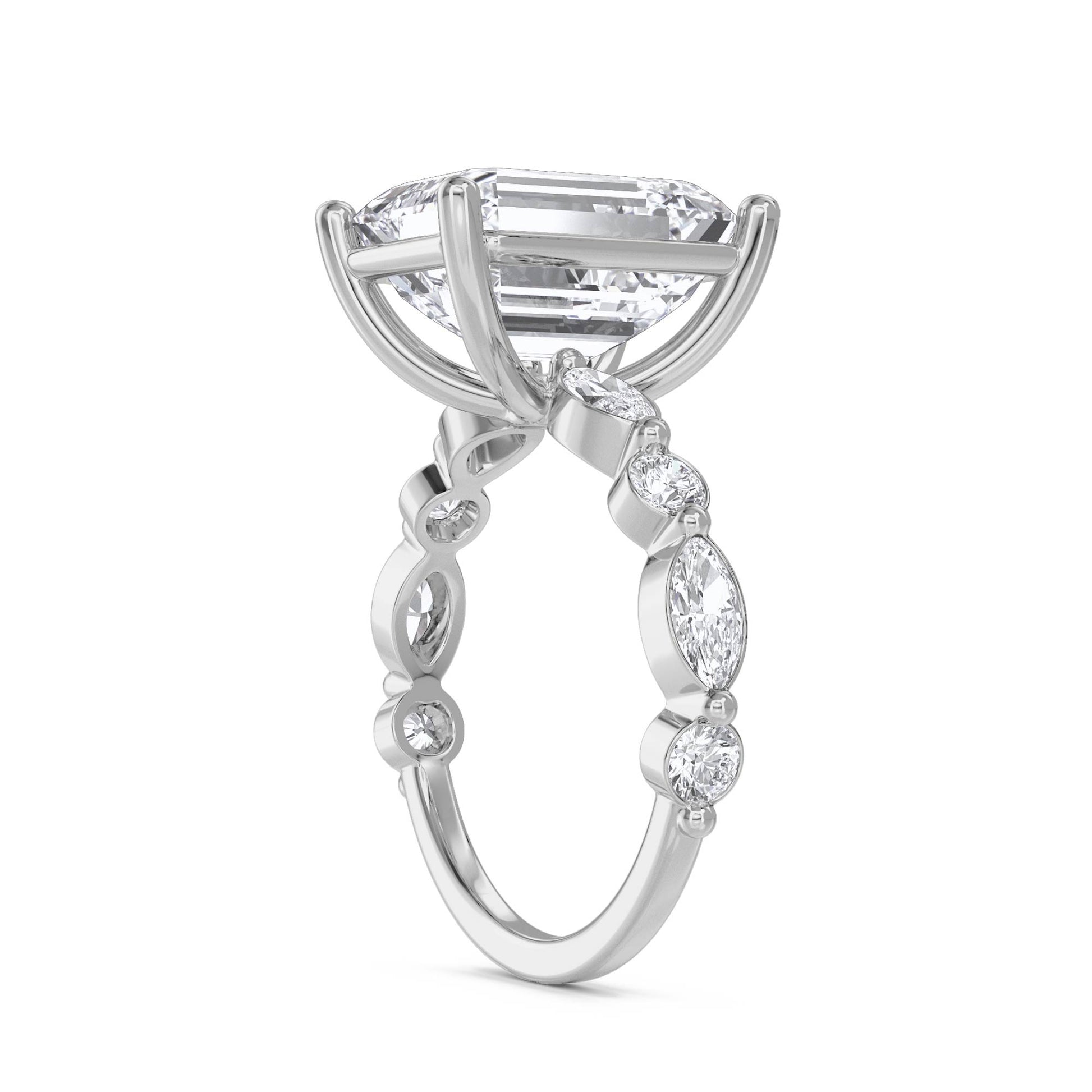 Emerald Cut Diamond Ring with Graduated Diamond Accents - White Gold - Pose 2
