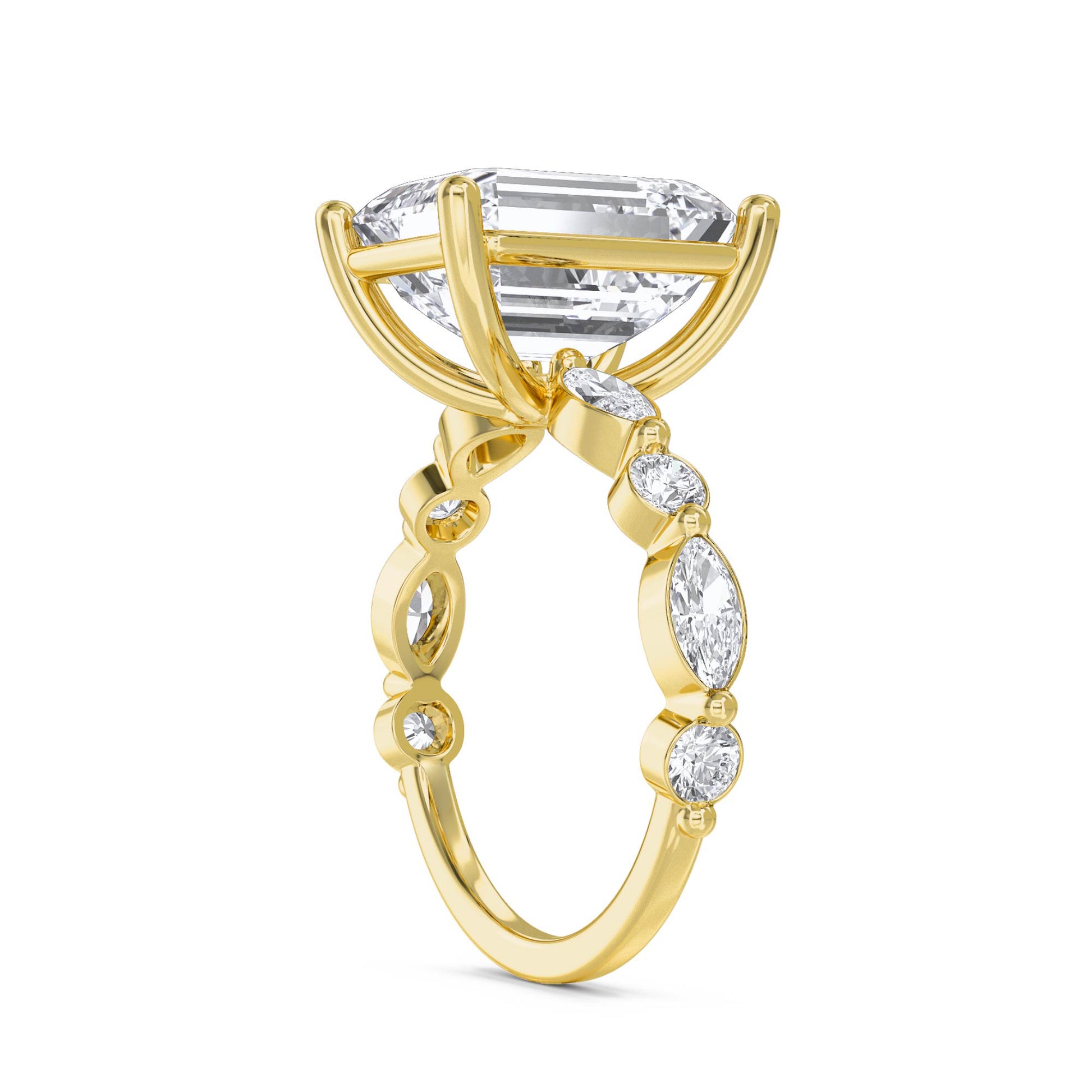 Emerald Cut Diamond Ring with Graduated Diamond Accents - Yellow Gold - Pose 2