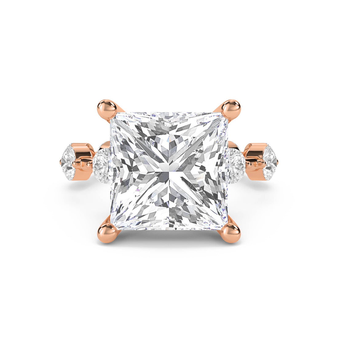 Princess Cut Diamond Ring with Diamond Cluster Accents - Rose Gold - Pose 1