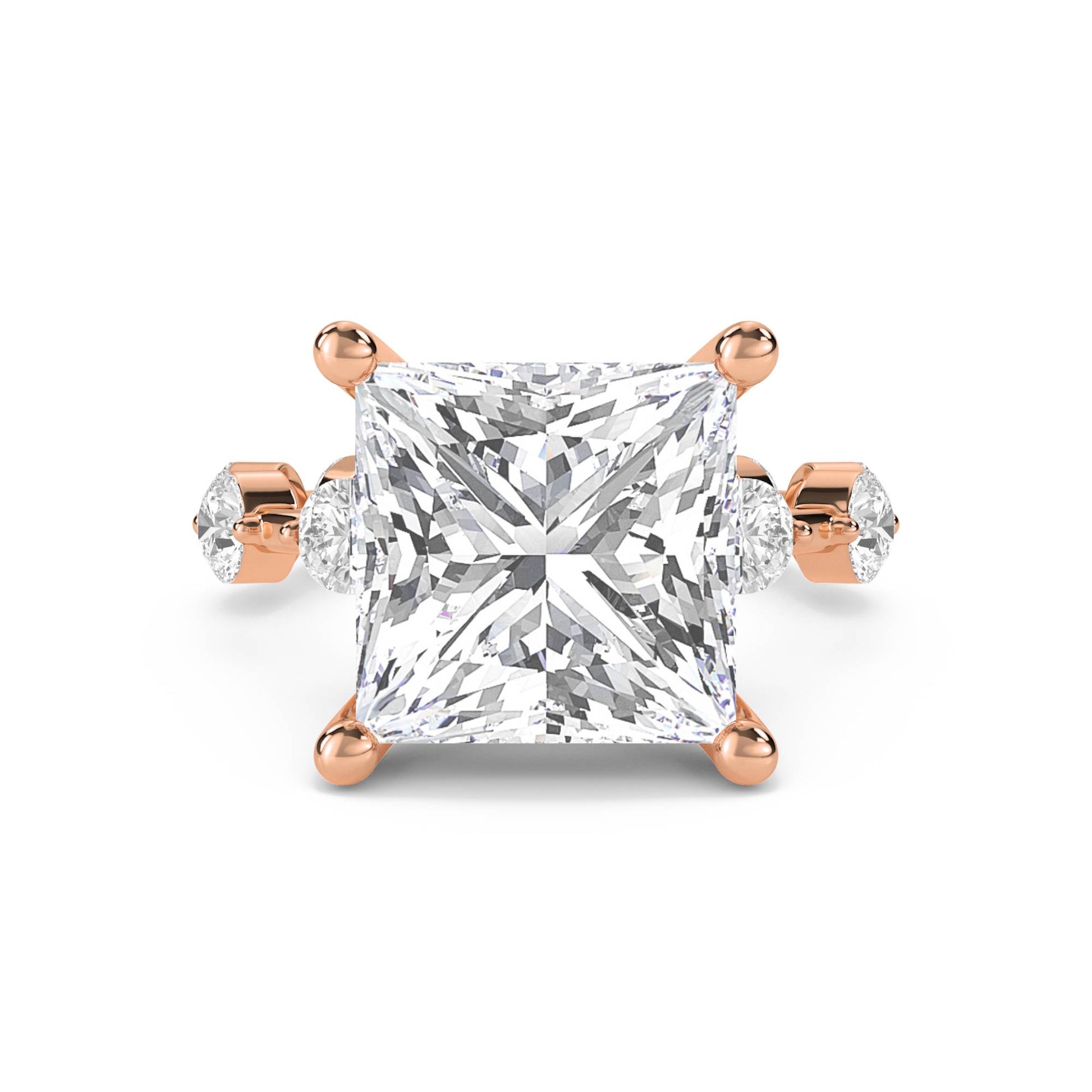 Princess Cut Diamond Ring with Diamond Cluster Accents - Rose Gold - Pose 1