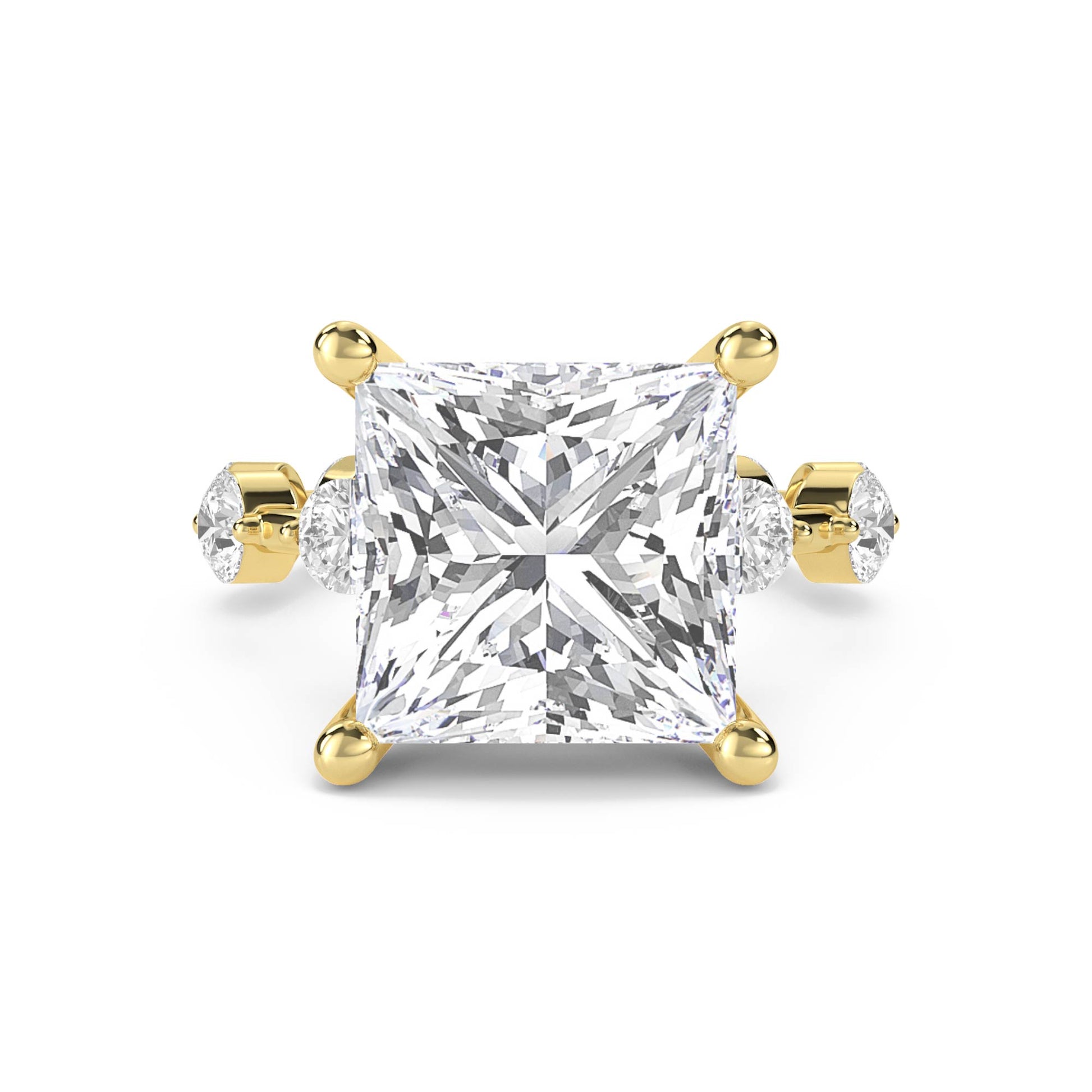 Princess Cut Diamond Ring with Diamond Cluster Accents - Yellow Gold - Pose 1