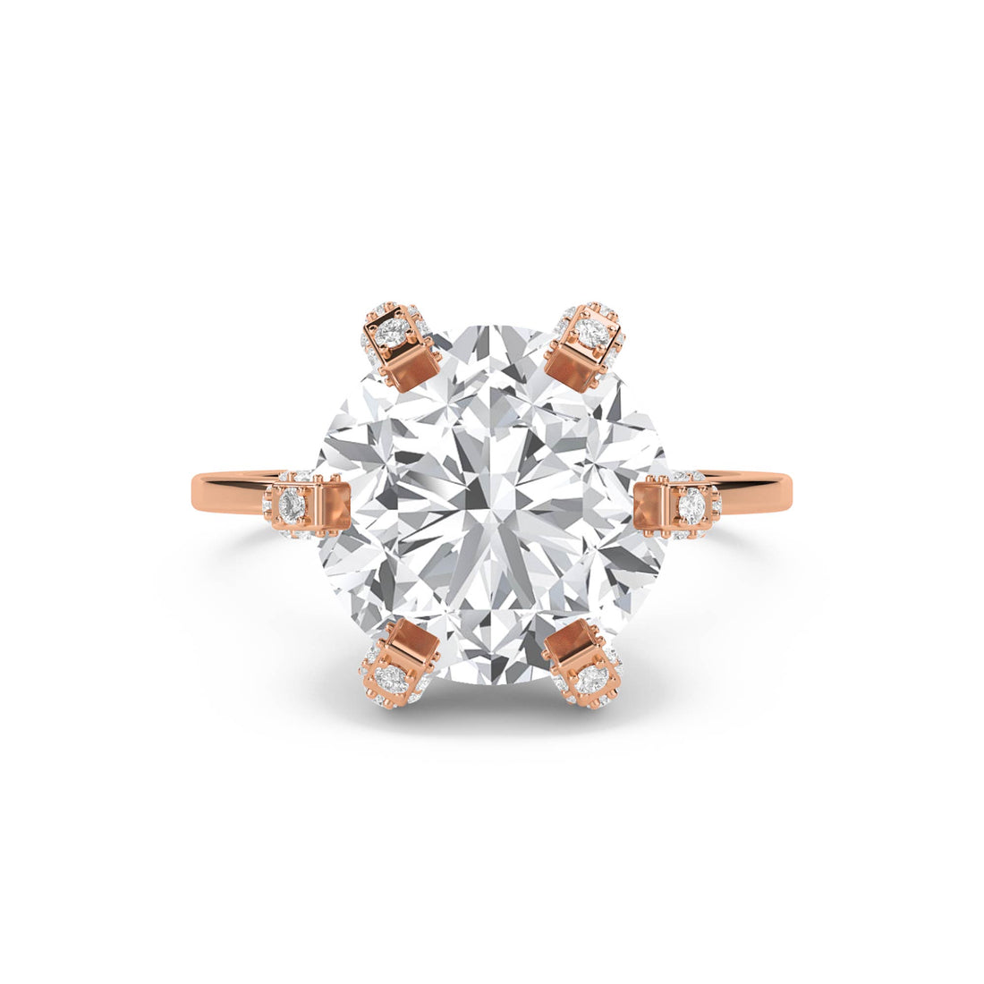 Round Diamond Ring with Vintage Diamond-Set Prongs - Rose Gold - Pose 1