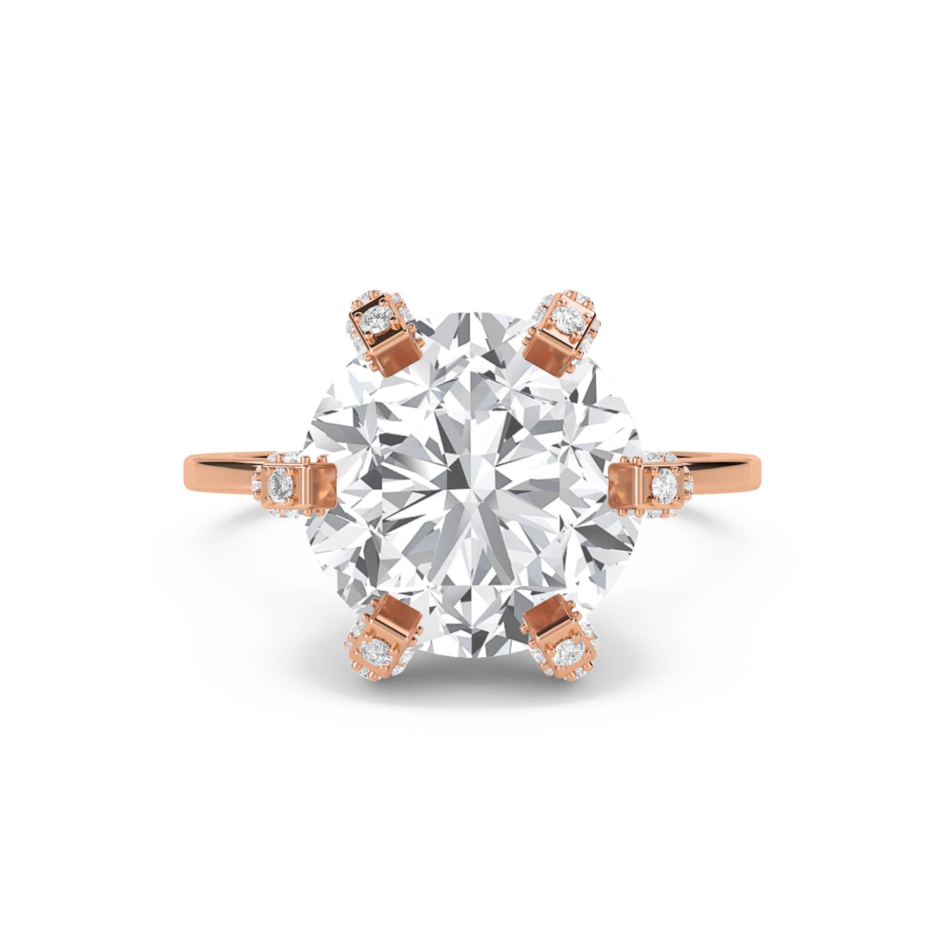 Round Diamond Ring with Vintage Diamond-Set Prongs - Rose Gold - Pose 1