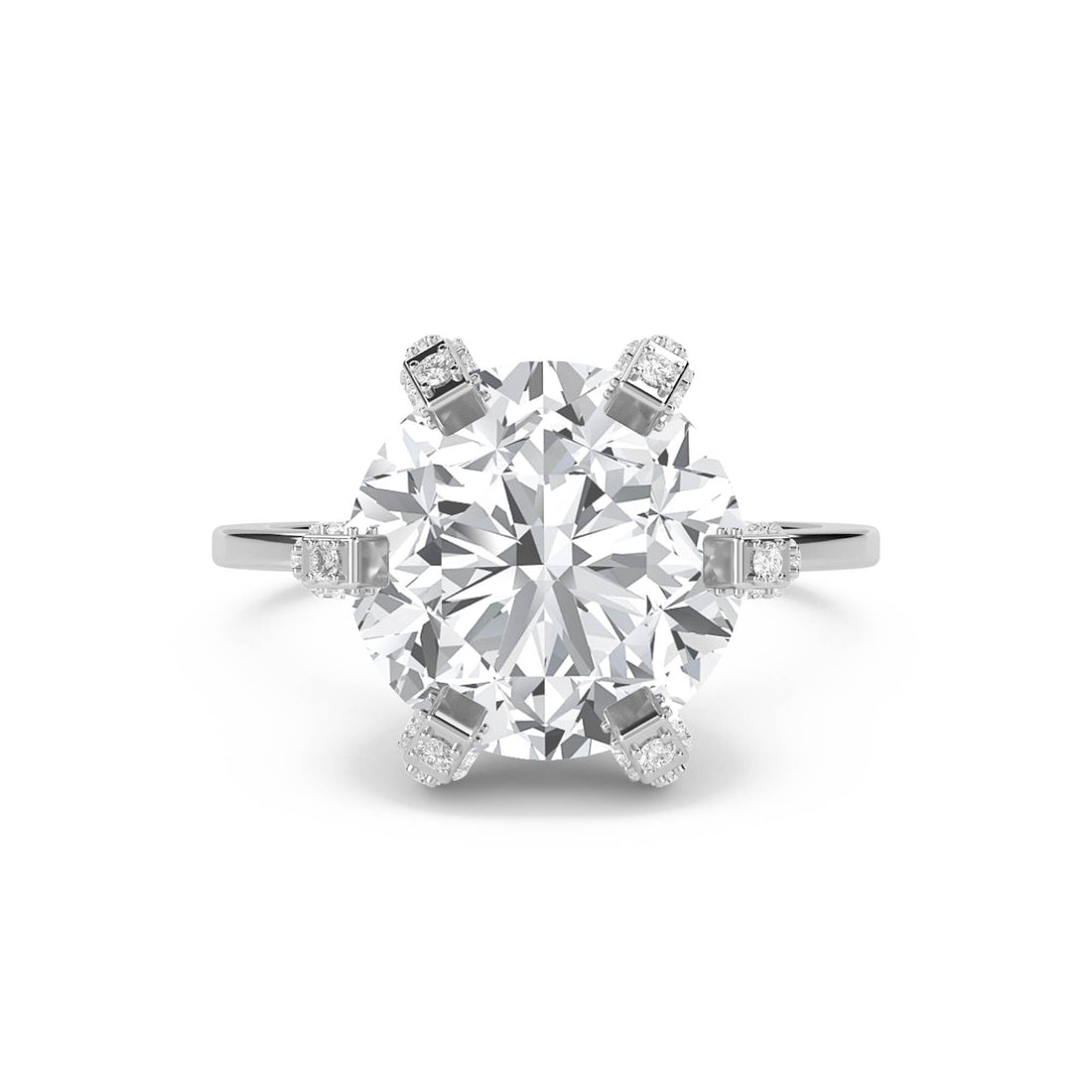 Round Diamond Ring with Vintage Diamond-Set Prongs (Silver) - image 1