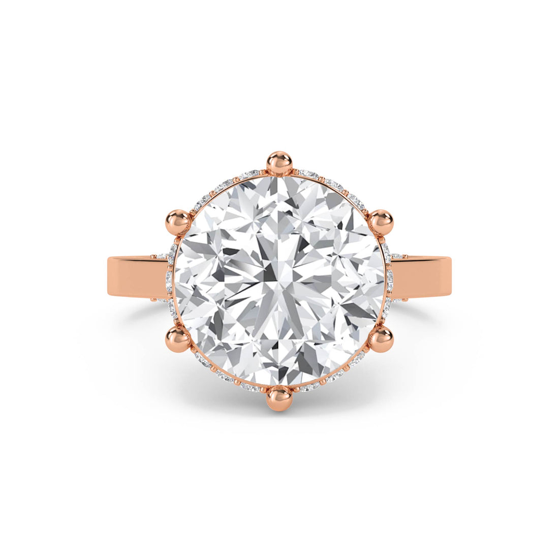 Round Diamond Ring with Hidden Halo and Diamond Shoulders - Rose Gold - Pose 1