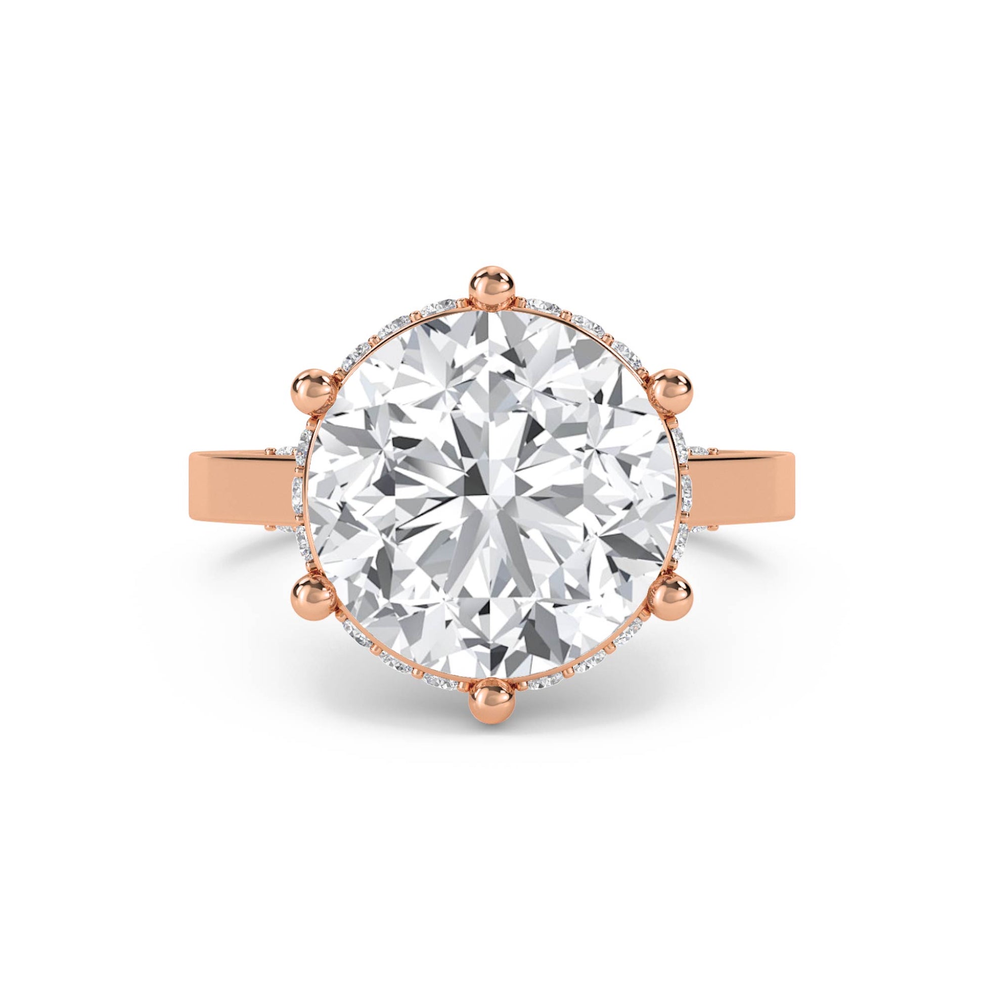 Round Diamond Ring with Hidden Halo and Diamond Shoulders - Rose Gold - Pose 1