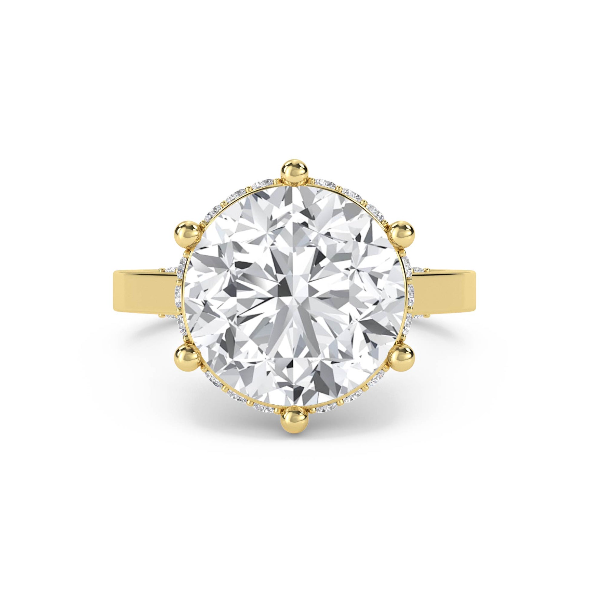 Round Diamond Ring with Hidden Halo and Diamond Shoulders - Yellow Gold - Pose 1
