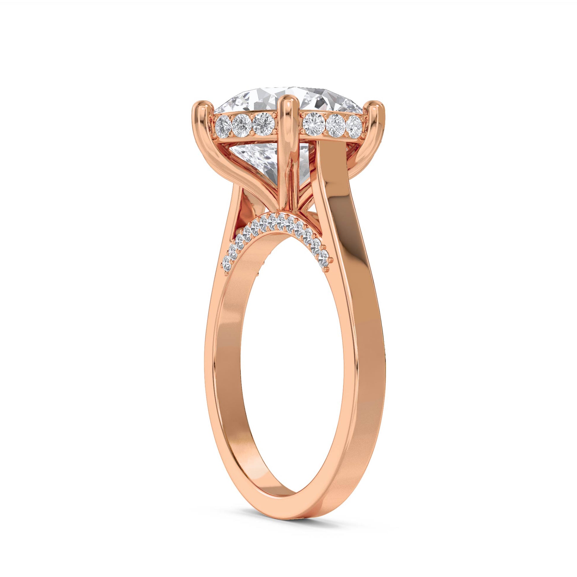 Round Diamond Ring with Hidden Halo and Diamond Shoulders - Rose Gold - Pose 2