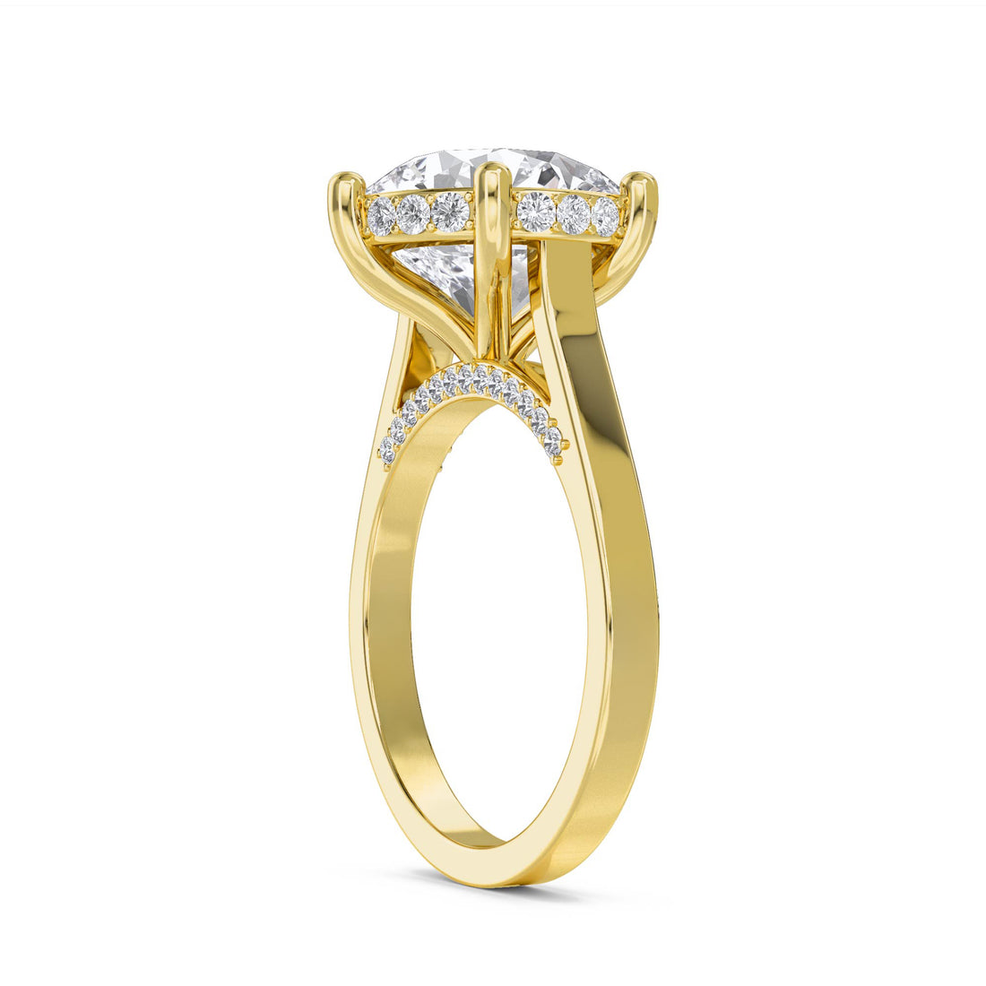 Round Diamond Ring with Hidden Halo and Diamond Shoulders - Yellow Gold - Pose 2