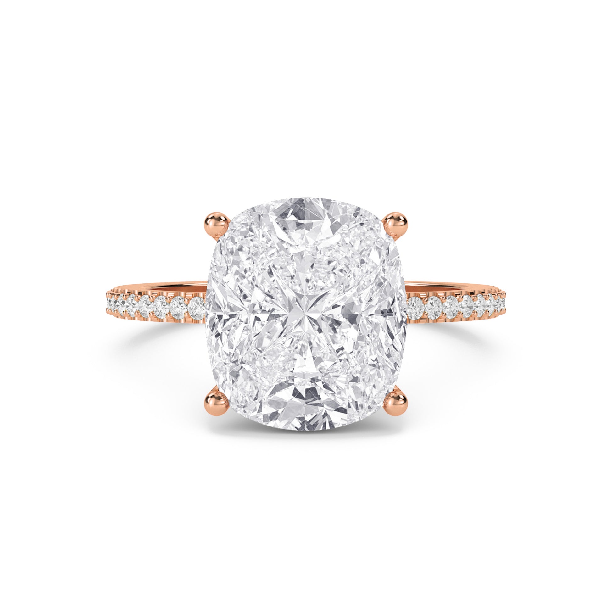 Cushion Cut Diamond Solitaire Ring with Pavé Band - Rose Gold - Pose 1