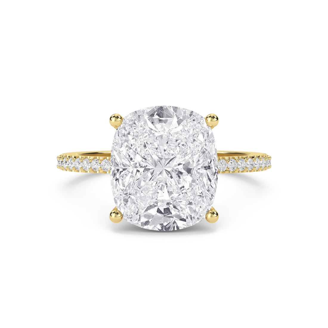 Cushion Cut Diamond Solitaire Ring with Pavé Band - Yellow Gold - Pose 1