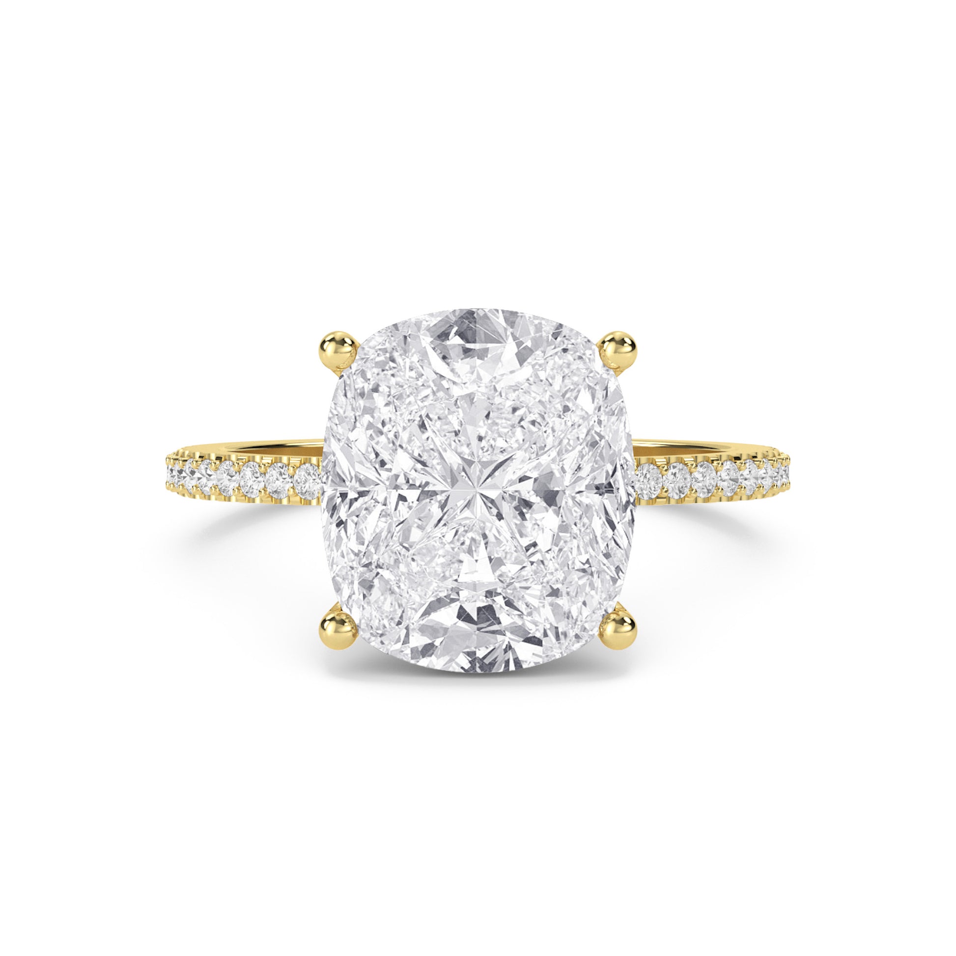 Cushion Cut Diamond Solitaire Ring with Pavé Band - Yellow Gold - Pose 1