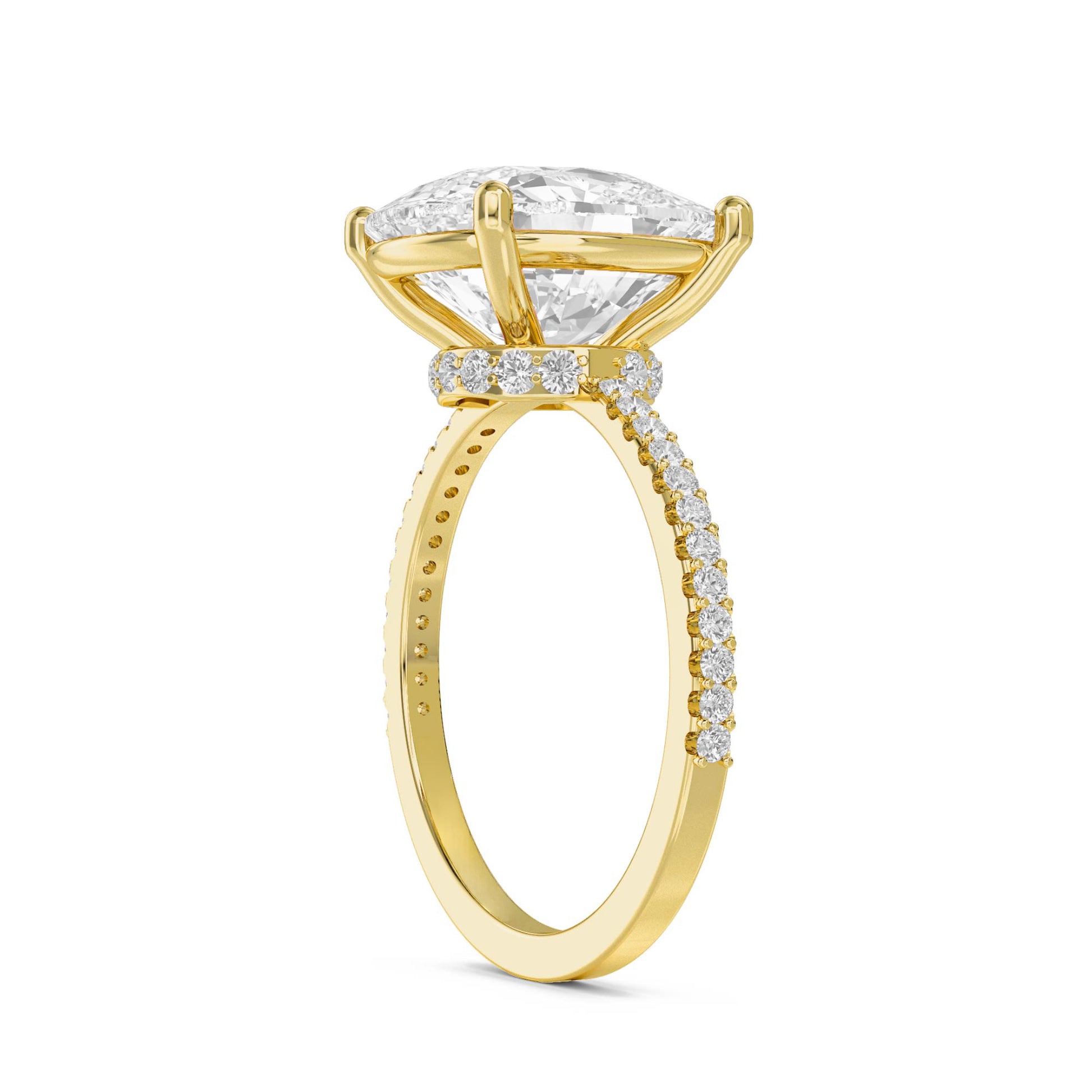 Cushion Cut Diamond Solitaire Ring with Pavé Band - Yellow Gold - Pose 2