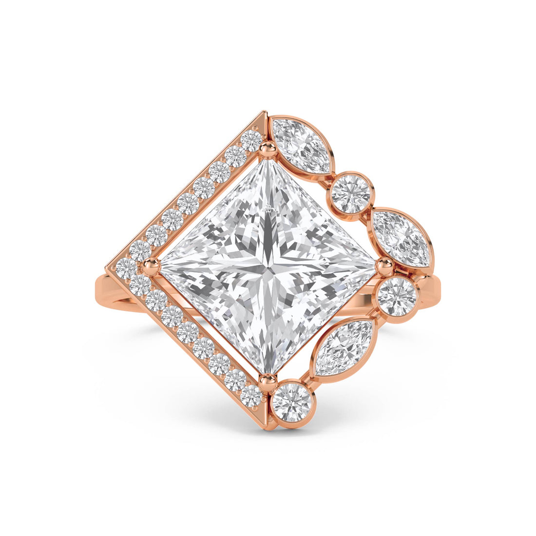 Princess Cut Diamond Ring with Marquise & Round Accents - Rose Gold - Pose 1