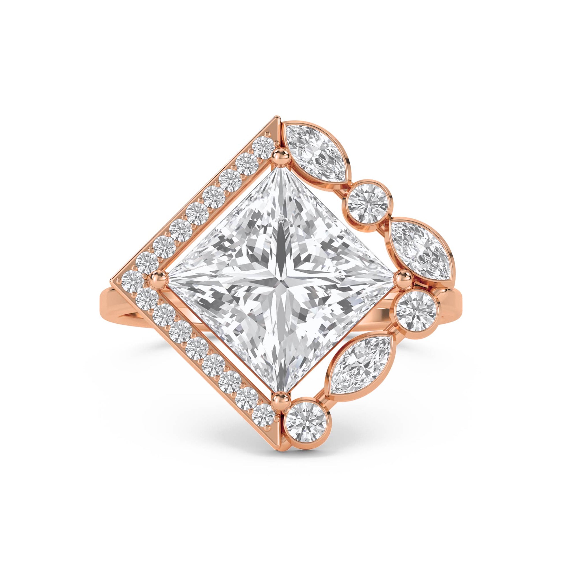 Princess Cut Diamond Ring with Marquise & Round Accents - Rose Gold - Pose 1