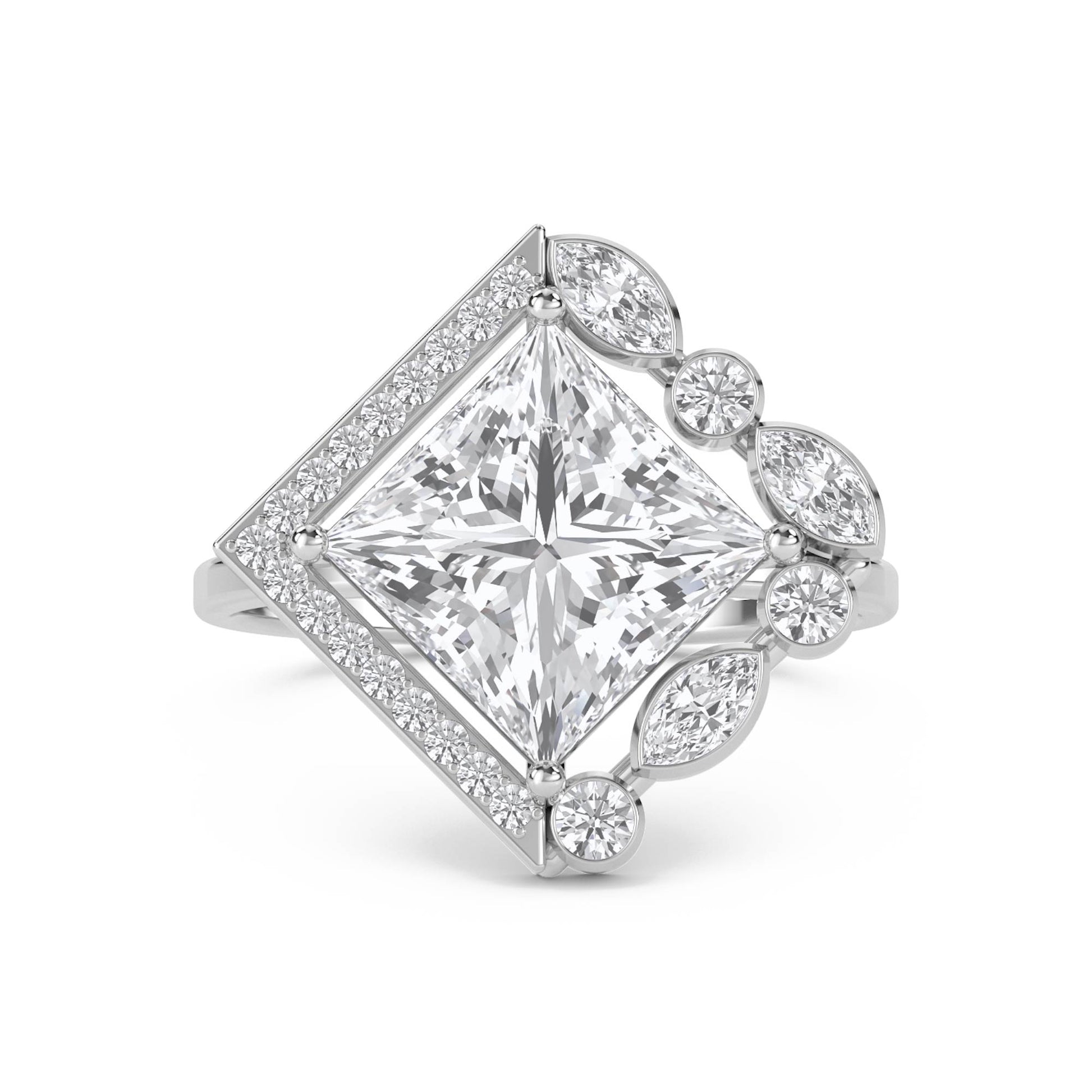 Princess Cut Diamond Ring with Marquise & Round Accents - White Gold - Pose 1