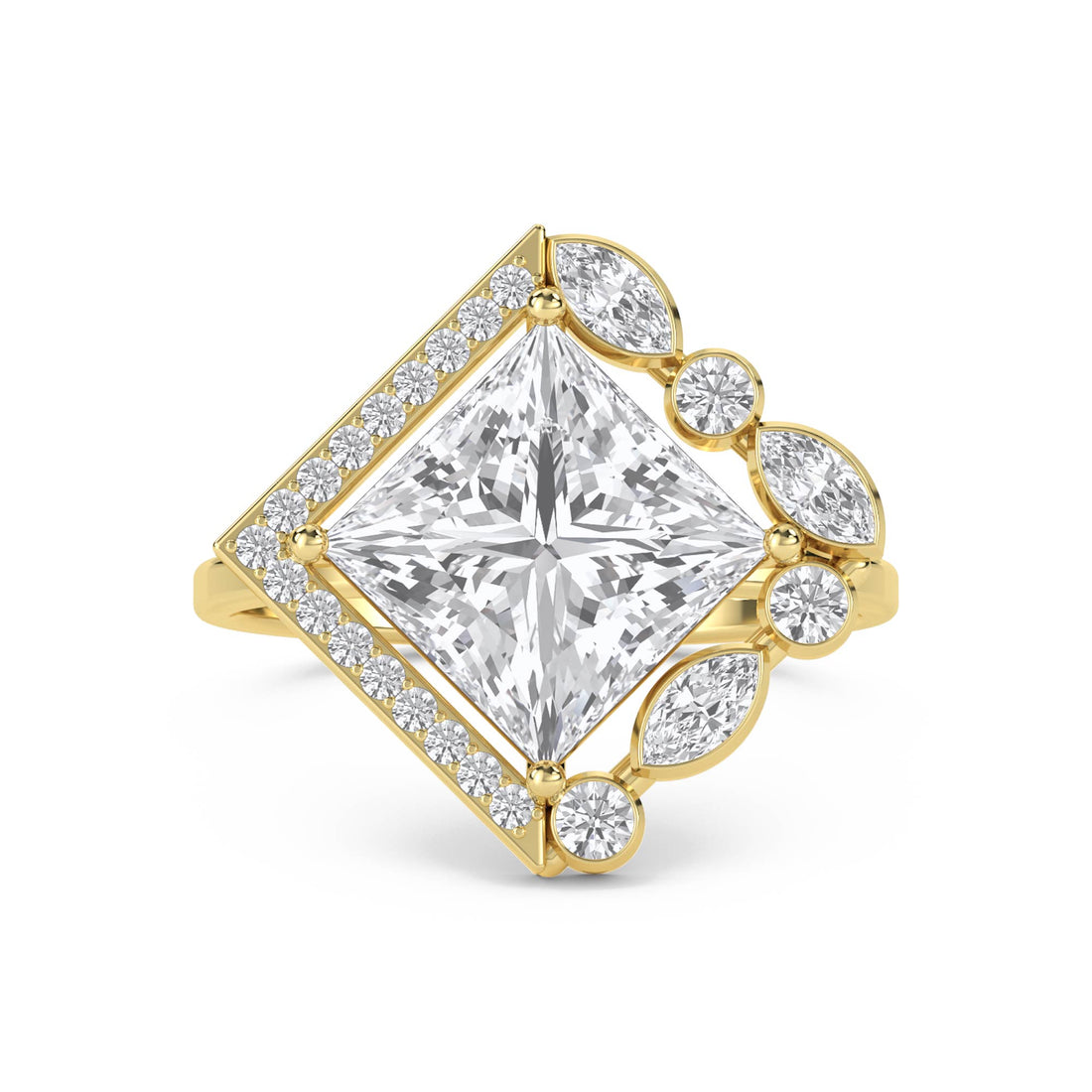 Princess Cut Diamond Ring with Marquise & Round Accents - Yellow Gold - Pose 1