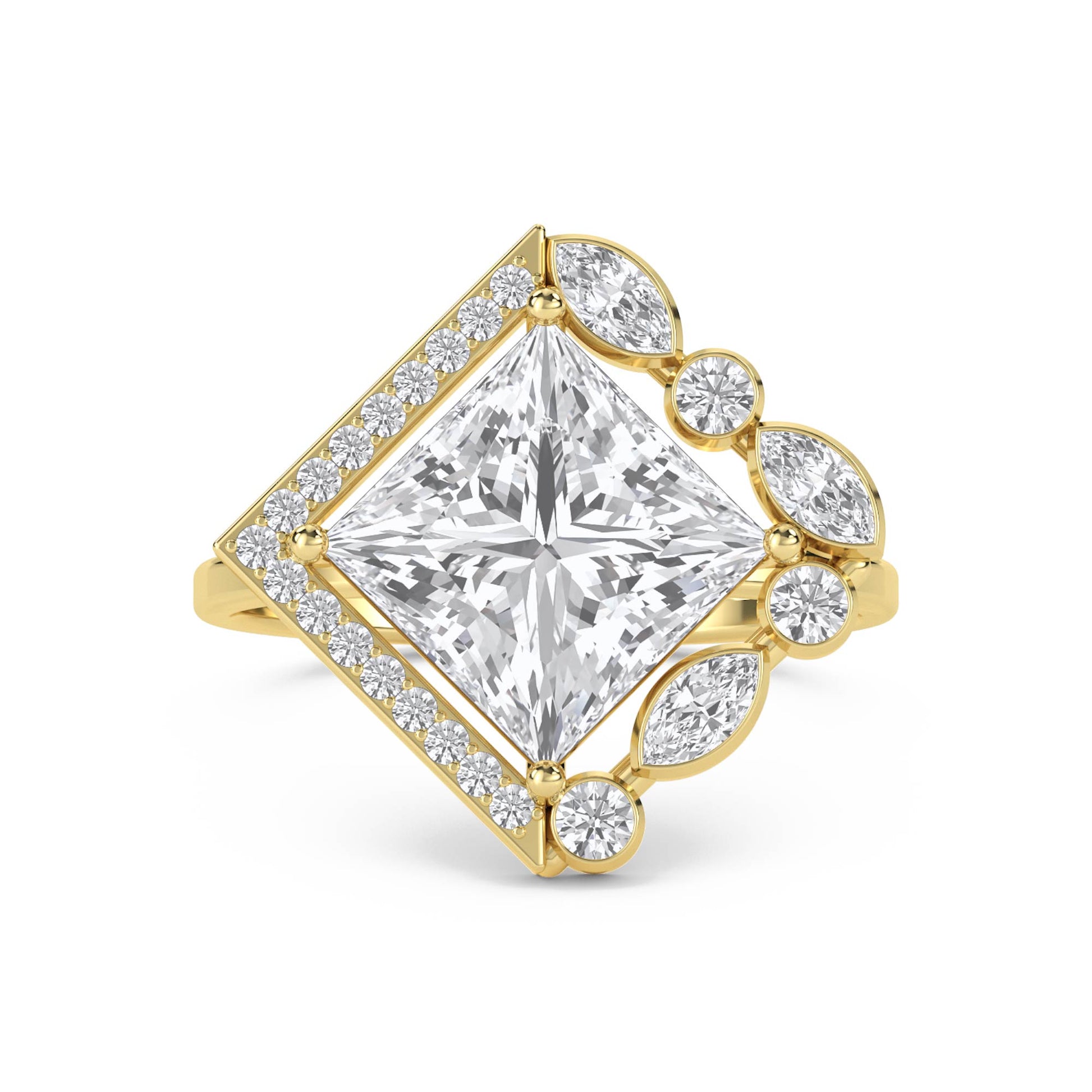Princess Cut Diamond Ring with Marquise & Round Accents - Yellow Gold - Pose 1