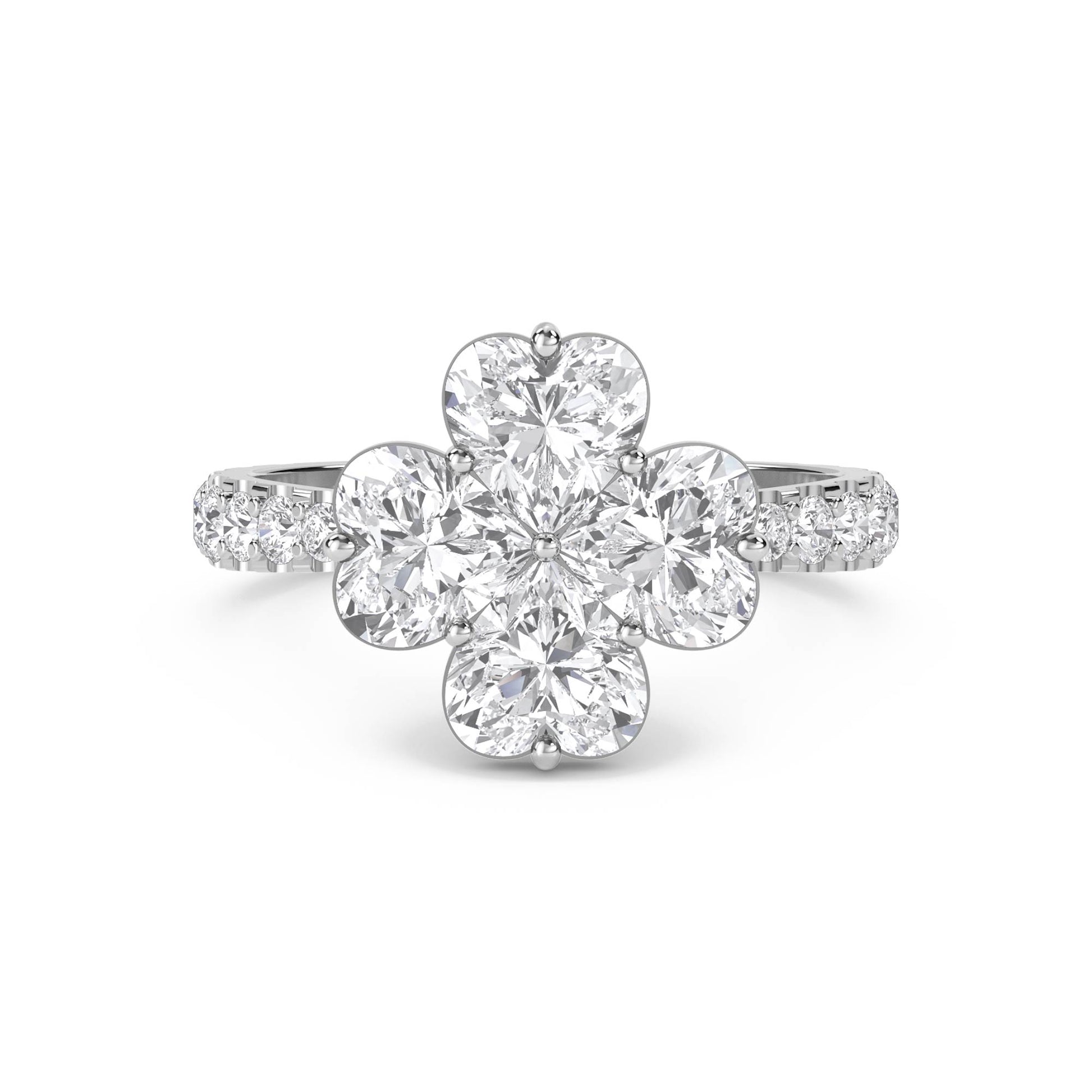 Oval Diamond Clover Cluster Ring - White Gold - Pose 1