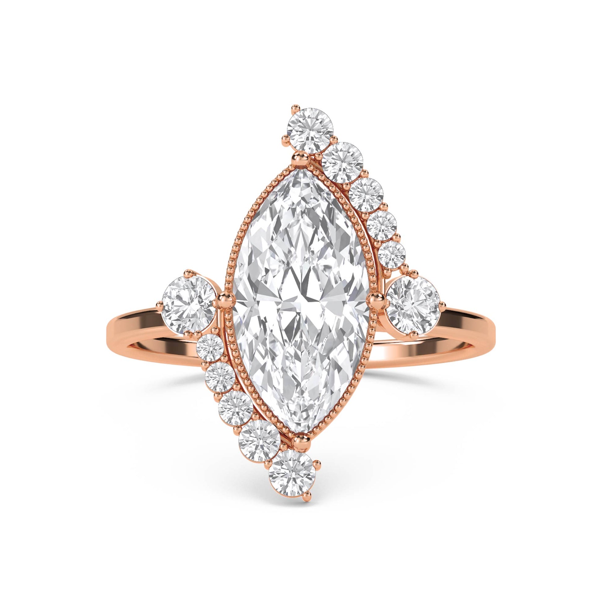 Marquise Diamond Ring with Graduated Diamond Trim - Rose Gold - Pose 1
