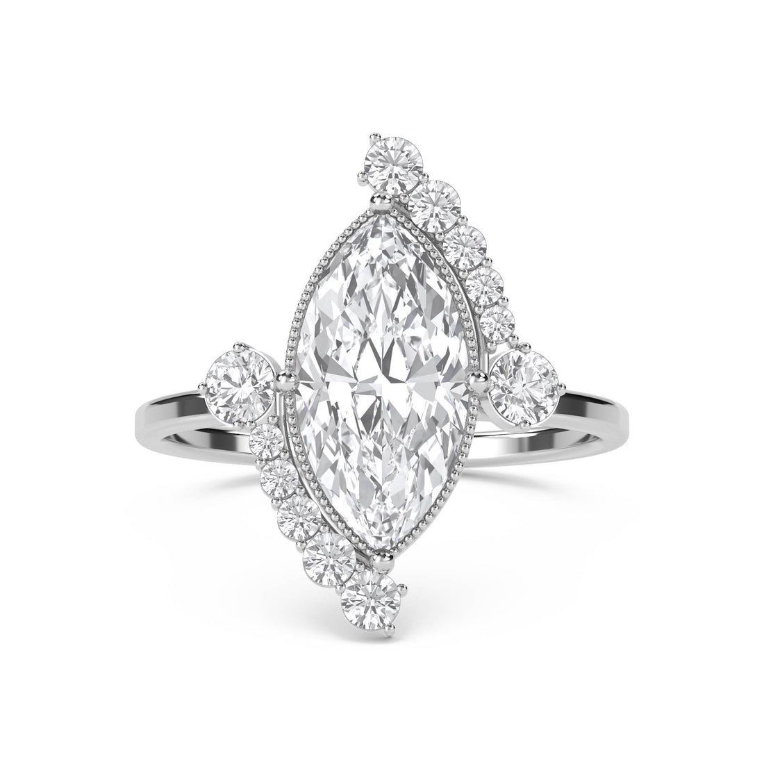 Marquise Diamond Ring with Graduated Diamond Trim - White Gold - Pose 1
