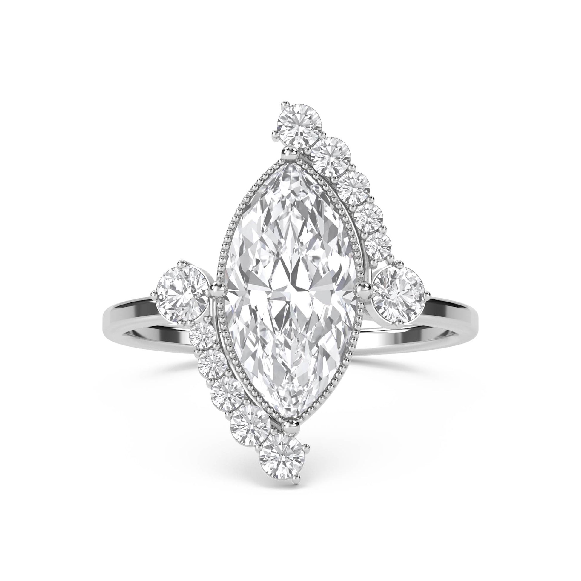 Marquise Diamond Ring with Graduated Diamond Trim - White Gold - Pose 1