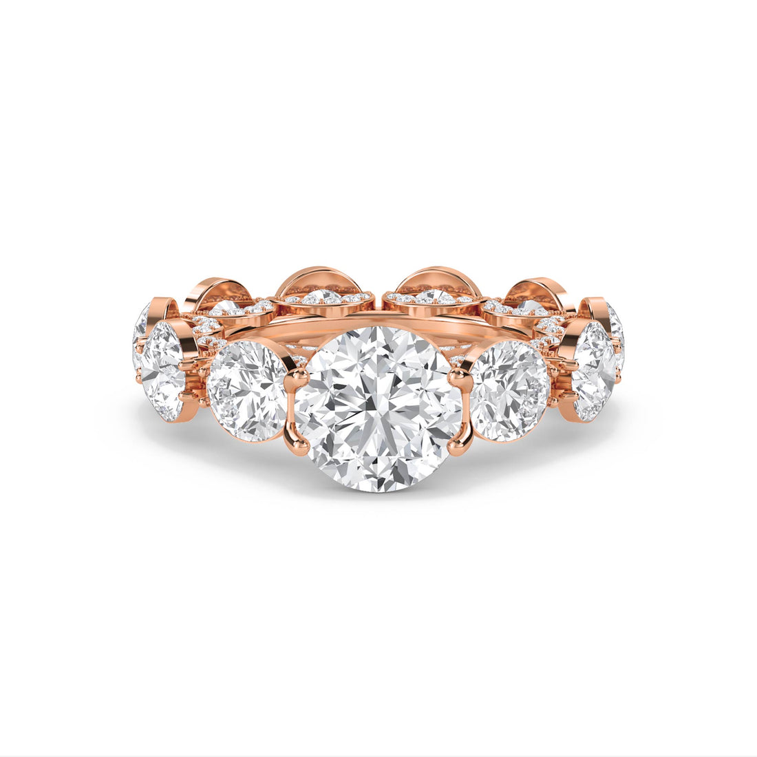 Round Diamond Eternity Ring with Scalloped Halo Frame - Rose Gold - Pose 1