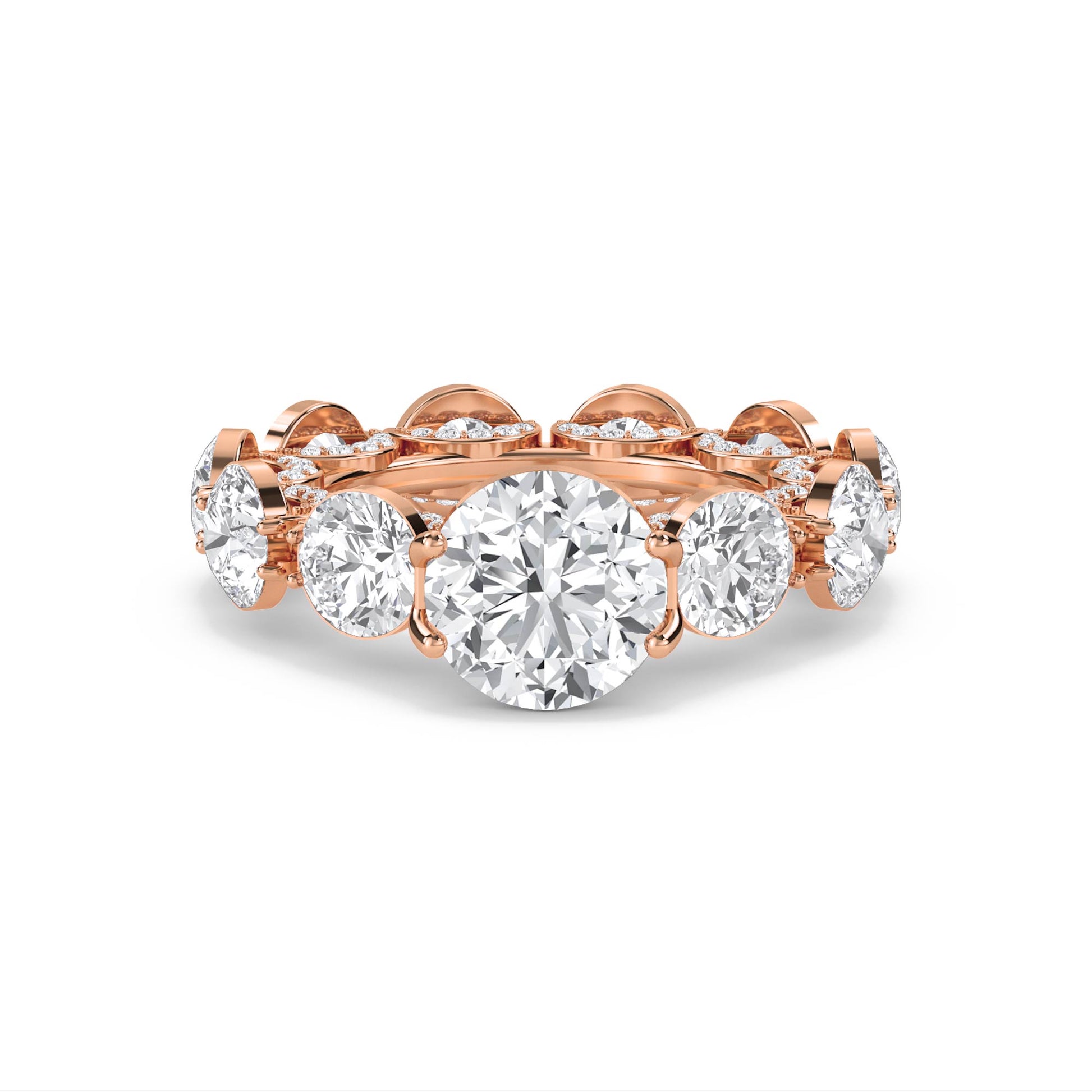 Round Diamond Eternity Ring with Scalloped Halo Frame - Rose Gold - Pose 1