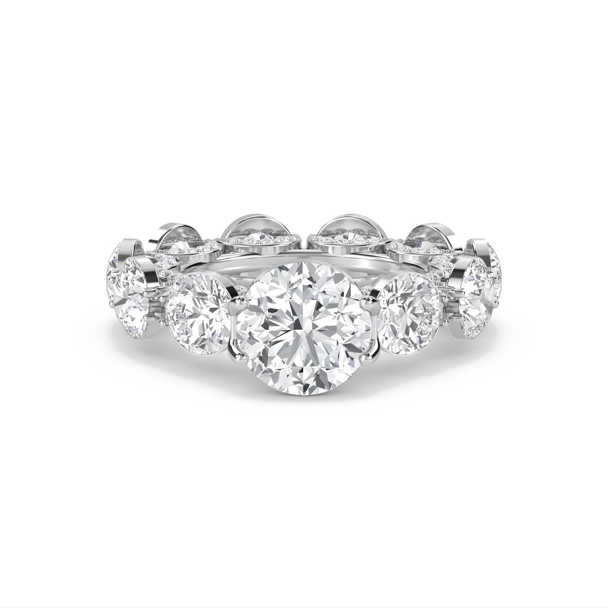 Round Diamond Eternity Ring with Scalloped Halo Frame - White Gold - Pose 1