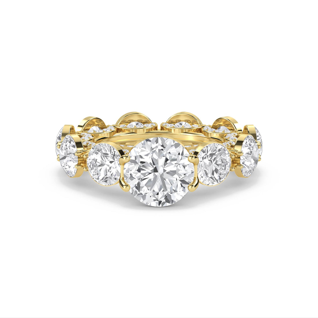 Round Diamond Eternity Ring with Scalloped Halo Frame - Yellow Gold - Pose 1