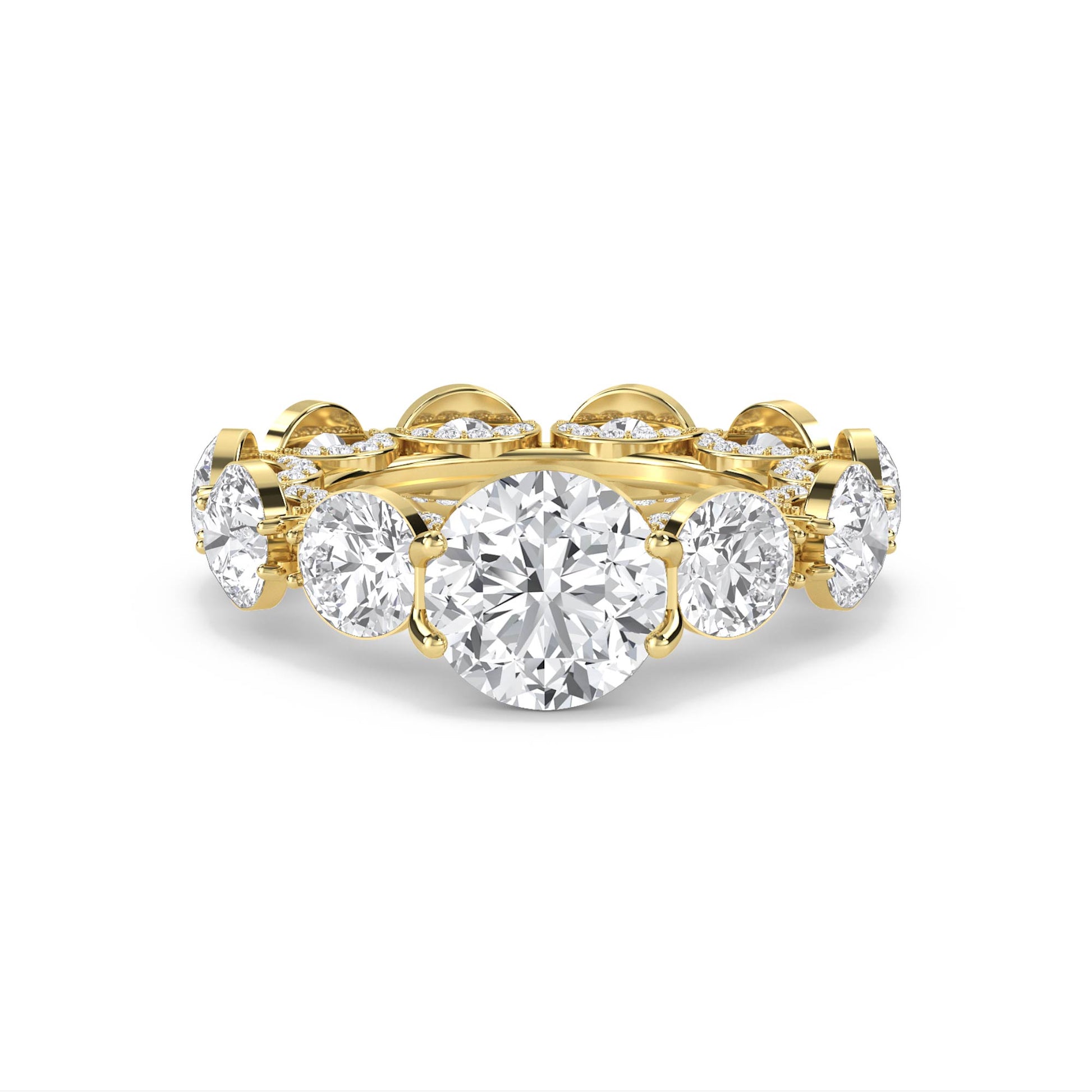 Round Diamond Eternity Ring with Scalloped Halo Frame - Yellow Gold - Pose 1