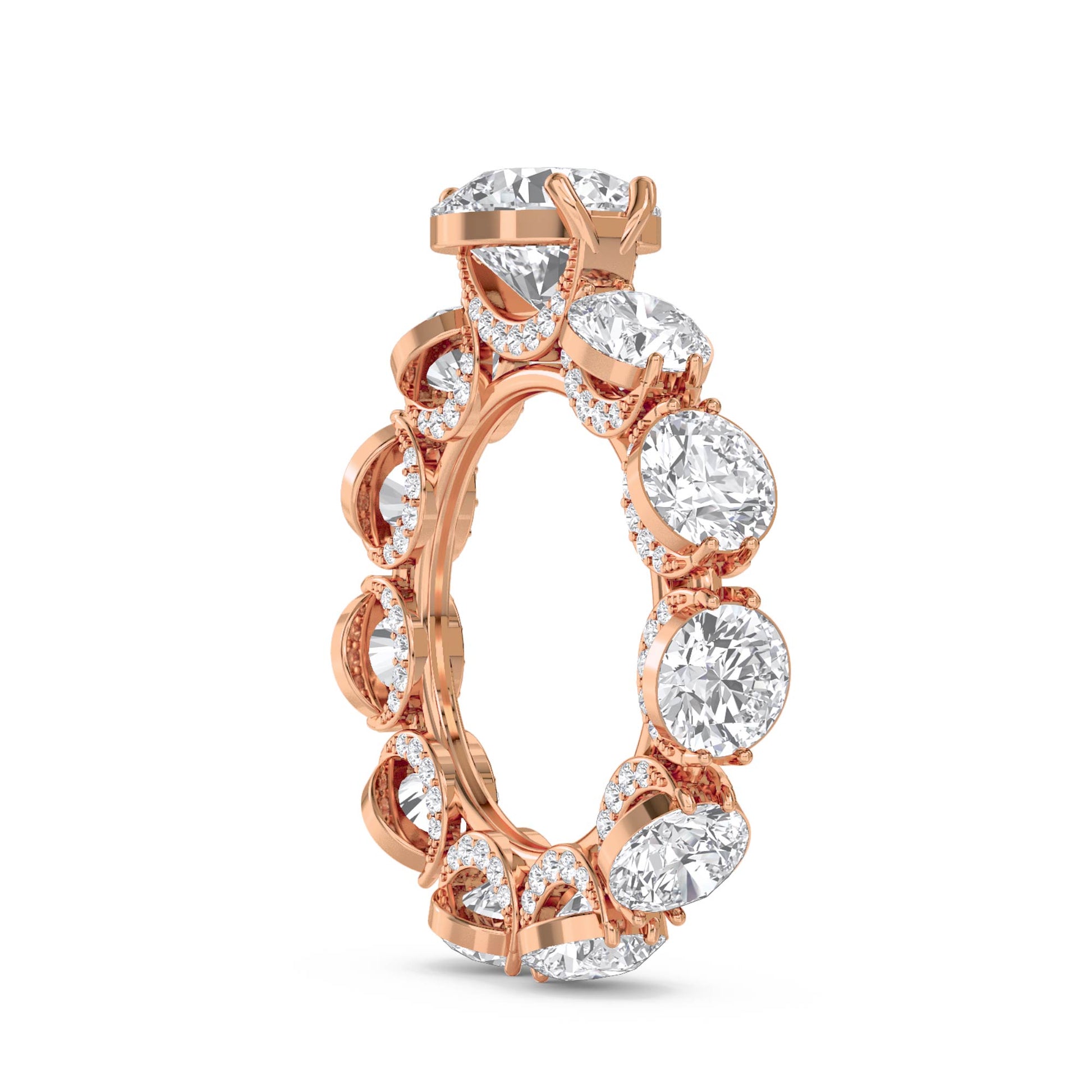 Round Diamond Eternity Ring with Scalloped Halo Frame - Rose Gold - Pose 3