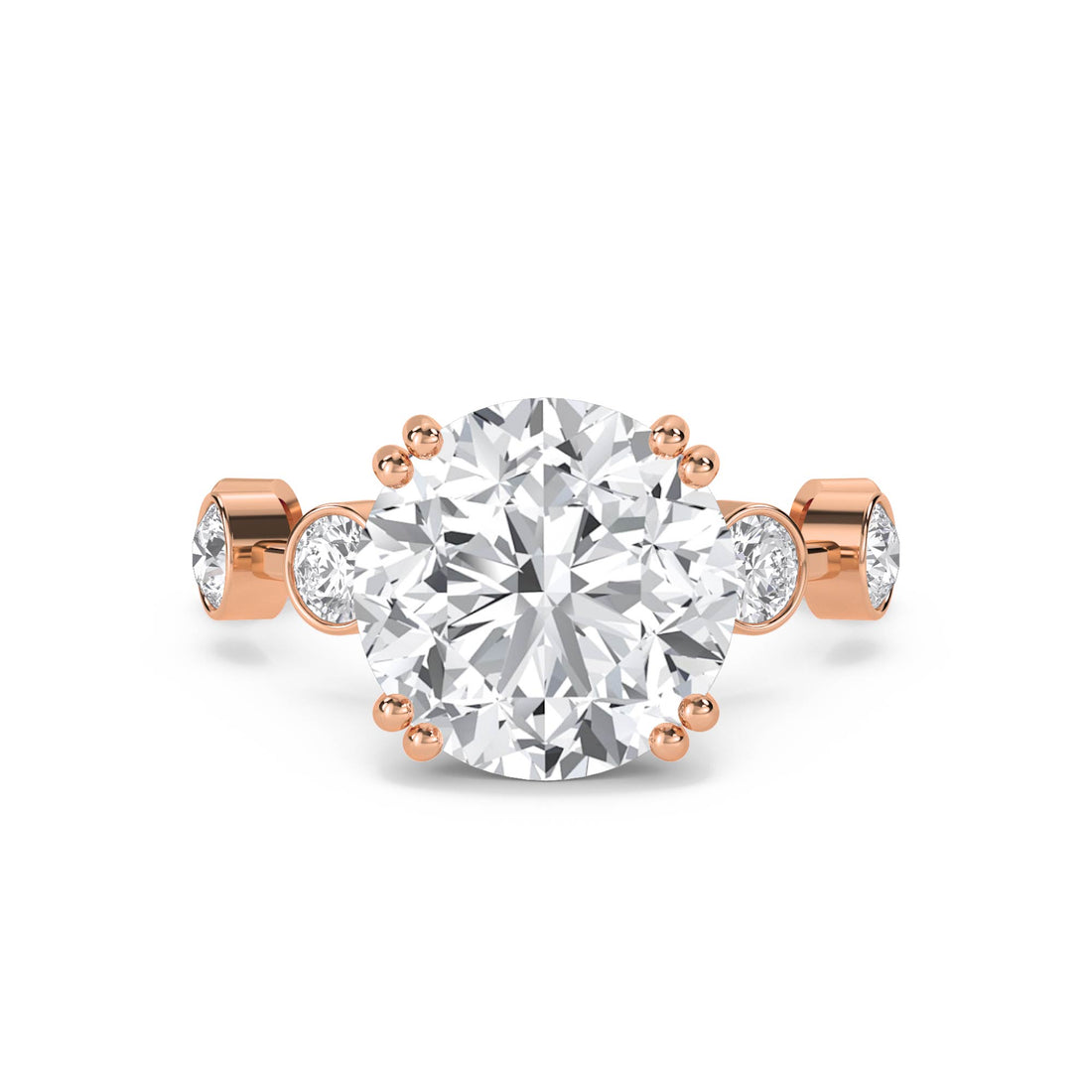 Round Diamond Ring with Bezel-Set Side Stones - Rose Gold - Pose 1