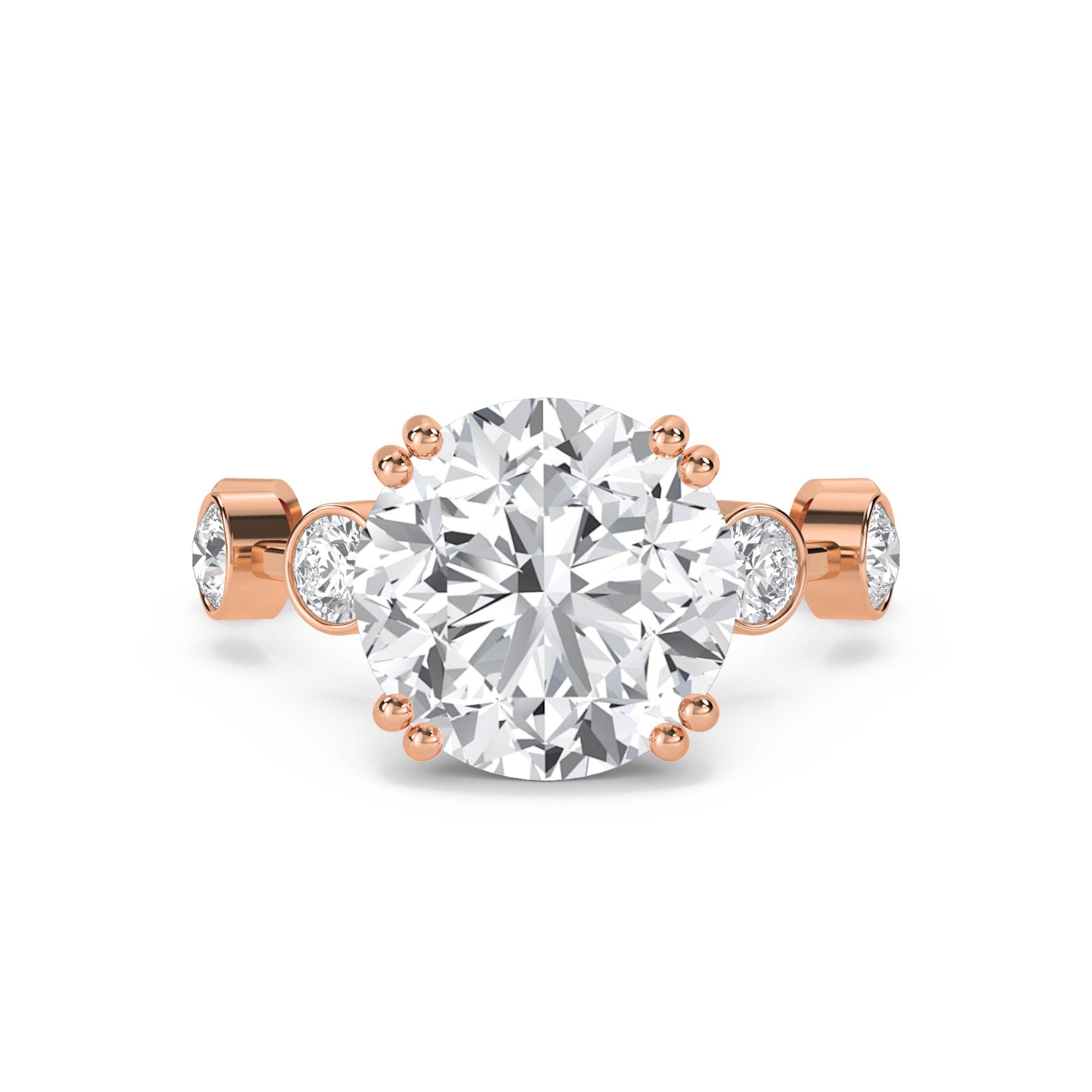 Round Diamond Ring with Bezel-Set Side Stones - Rose Gold - Pose 1