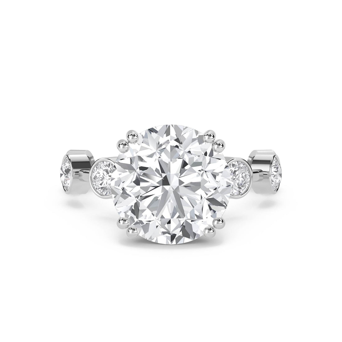 Round Diamond Ring with Bezel-Set Side Stones - White Gold - Pose 1
