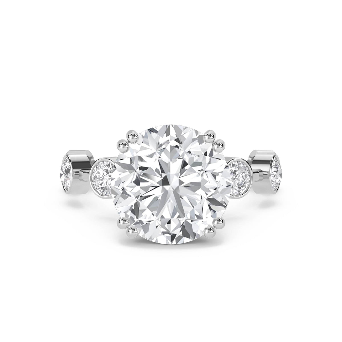 Round Diamond Ring with Bezel-Set Side Stones (Silver) - image 1