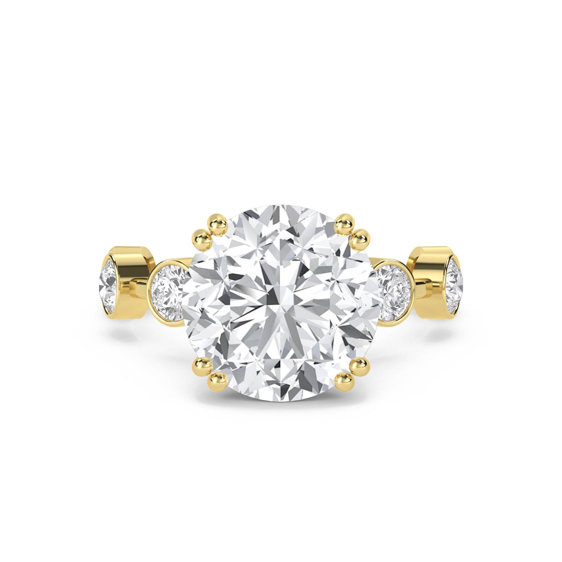 Round Diamond Ring with Bezel-Set Side Stones - Yellow Gold - Pose 1