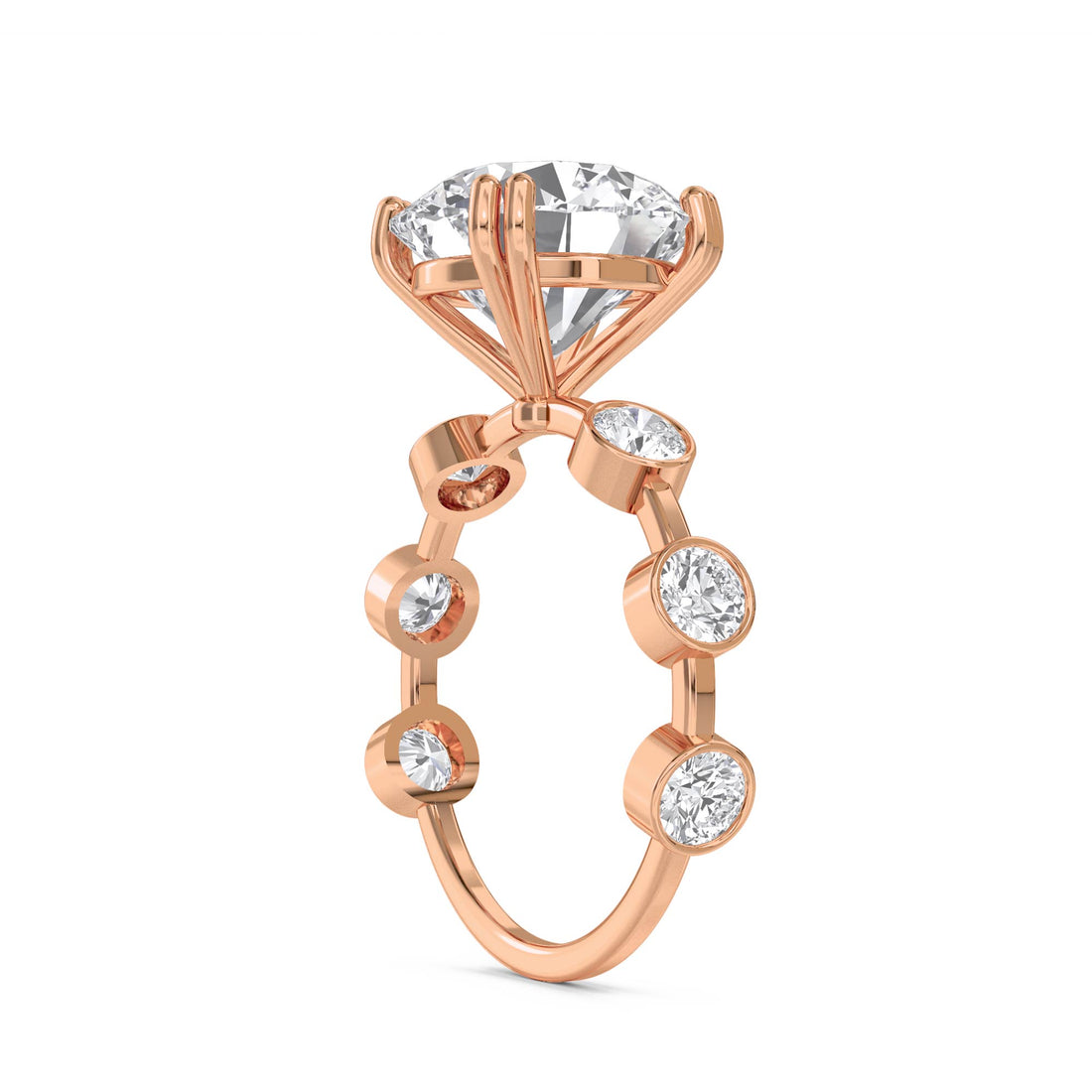 Round Diamond Ring with Bezel-Set Side Stones - Rose Gold - Pose 3