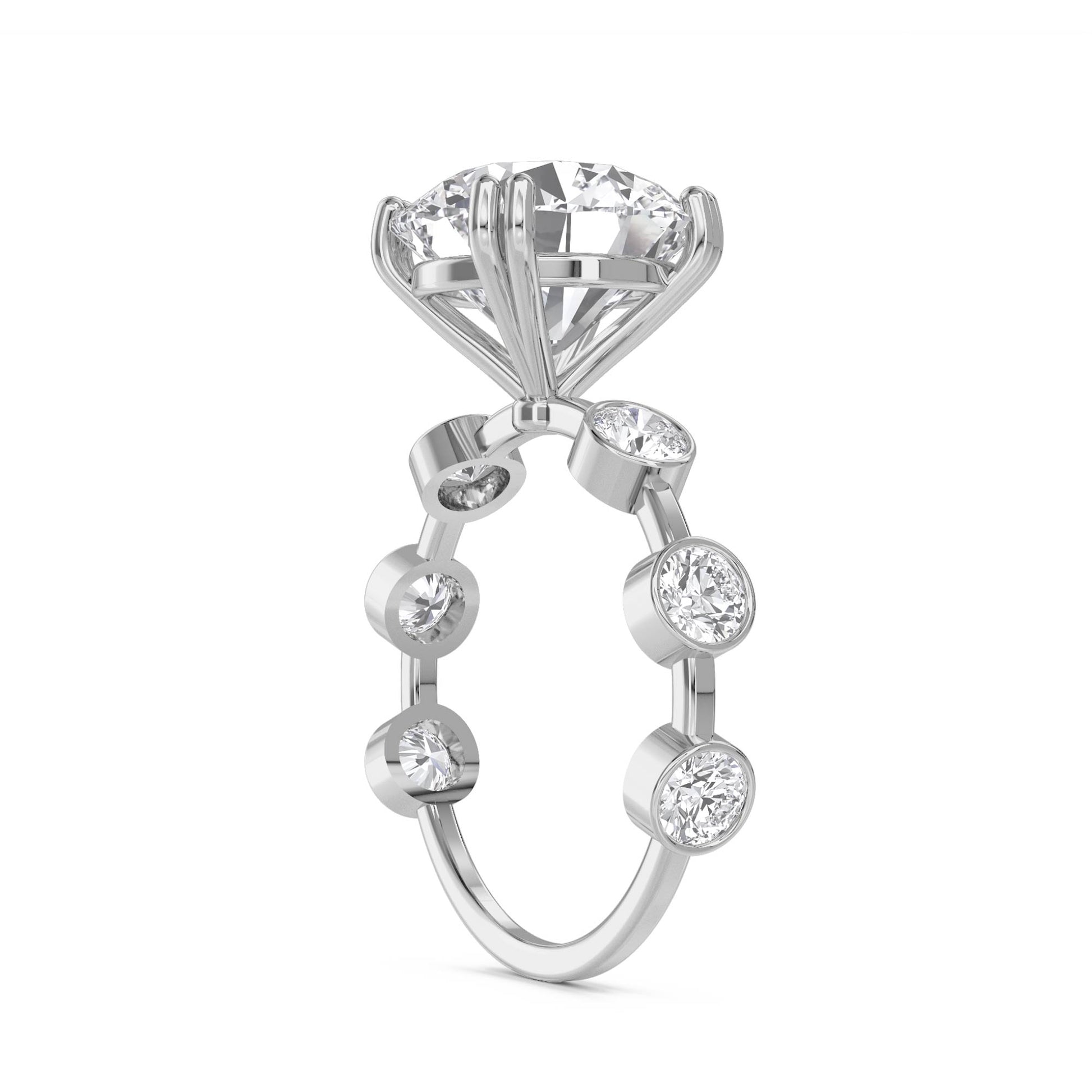 Round Diamond Ring with Bezel-Set Side Stones - White Gold - Pose 3