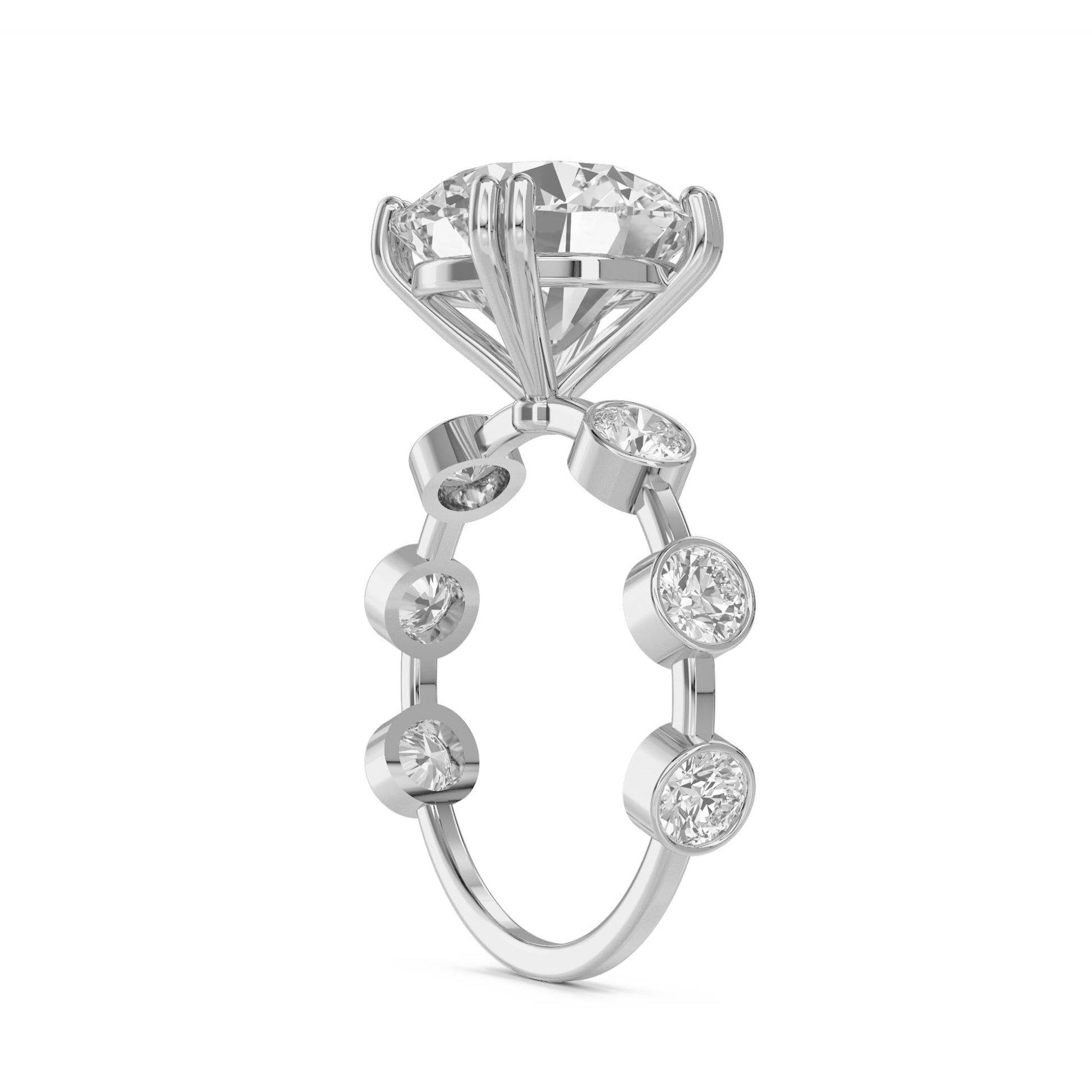 Round Diamond Ring with Bezel-Set Side Stones (Silver) - image 2