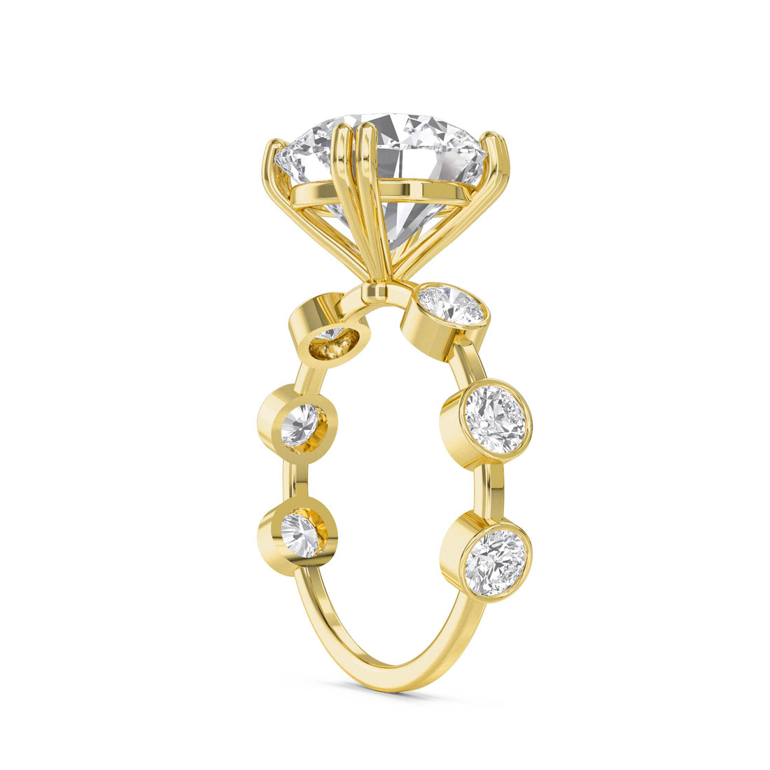 Round Diamond Ring with Bezel-Set Side Stones - Yellow Gold - Pose 3