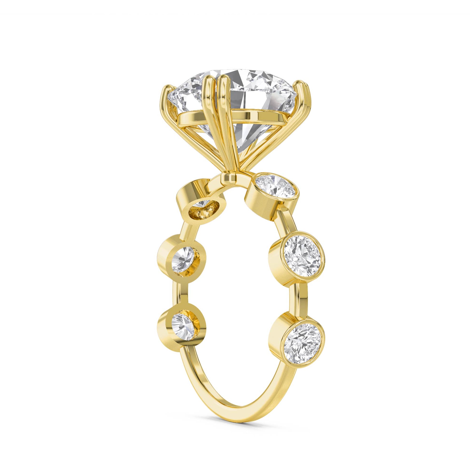 Round Diamond Ring with Bezel-Set Side Stones - Yellow Gold - Pose 3