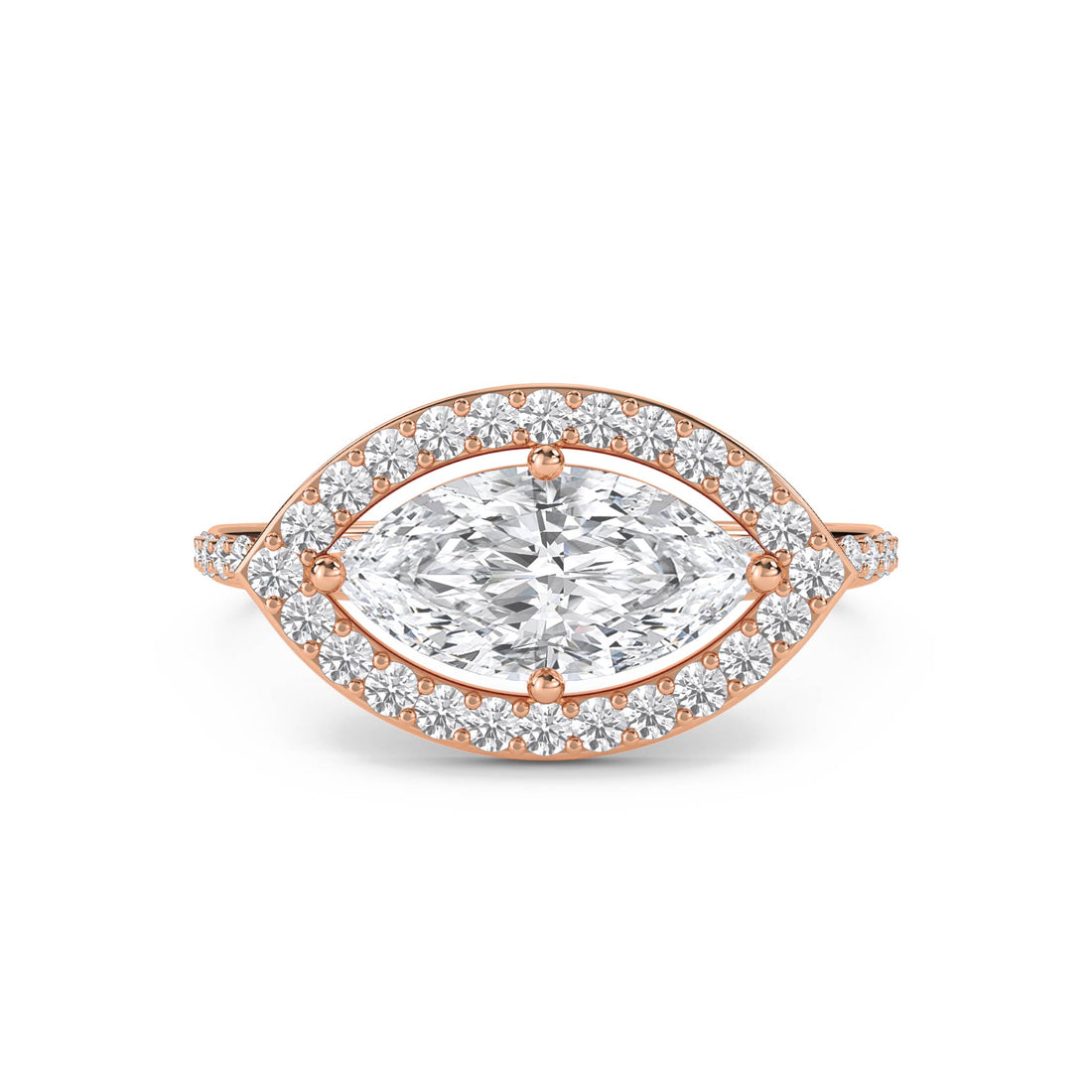 Marquise Diamond Ring with Pavé Halo Frame - Rose Gold - Pose 1