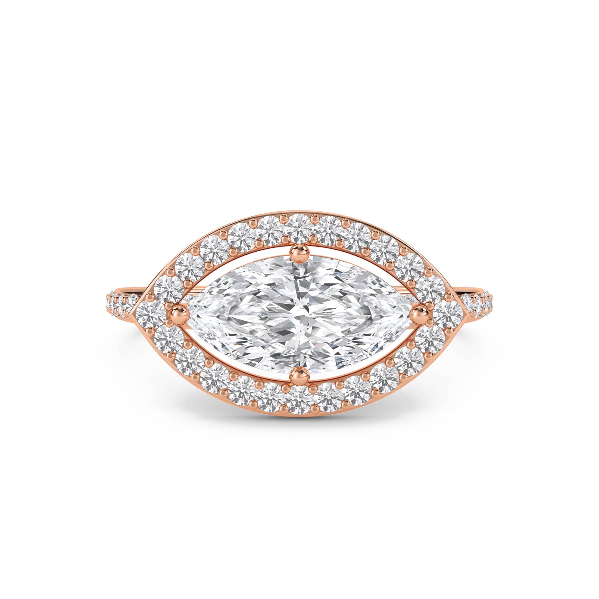 Marquise Diamond Ring with Pavé Halo Frame - Rose Gold - Pose 1