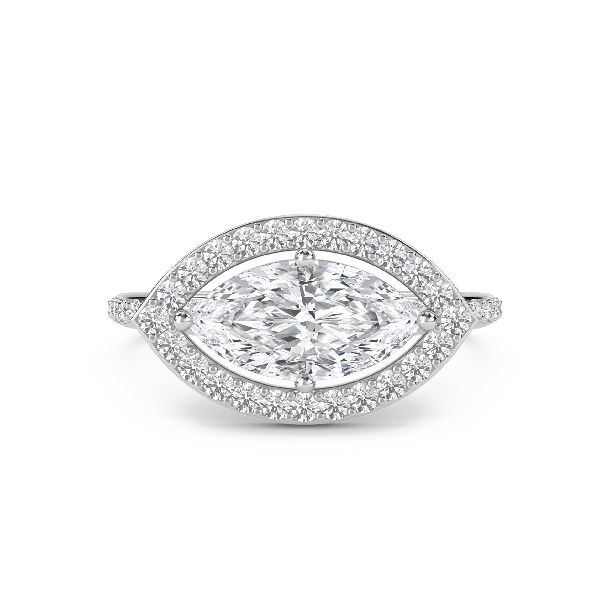 Marquise Diamond Ring with Pavé Halo Frame - White Gold - Pose 1