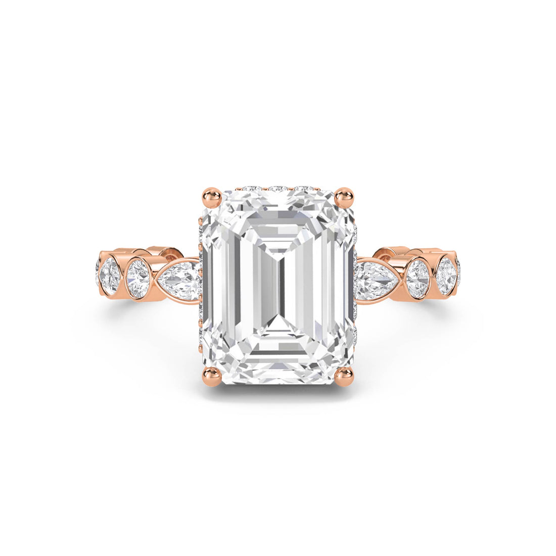 Emerald Cut Diamond Ring with Bezel Marquise Band - Rose Gold - Pose 1