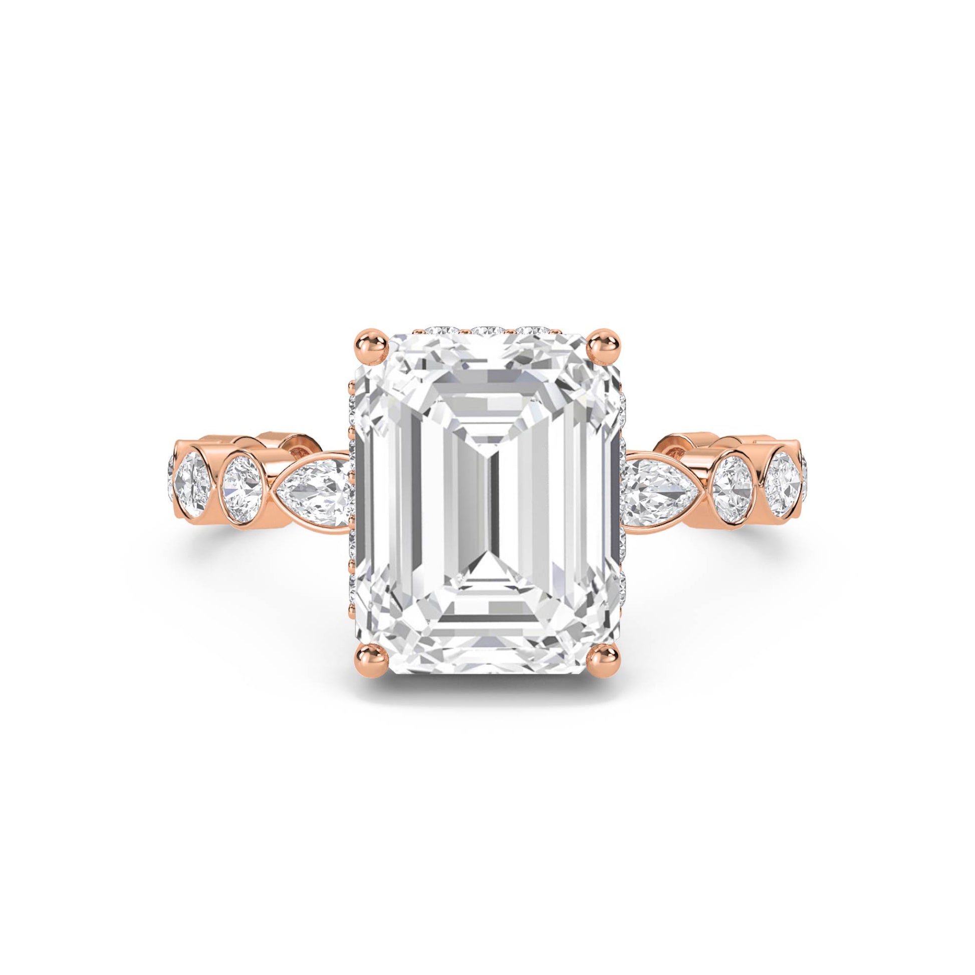 Emerald Cut Diamond Ring with Bezel Marquise Band - Rose Gold - Pose 1