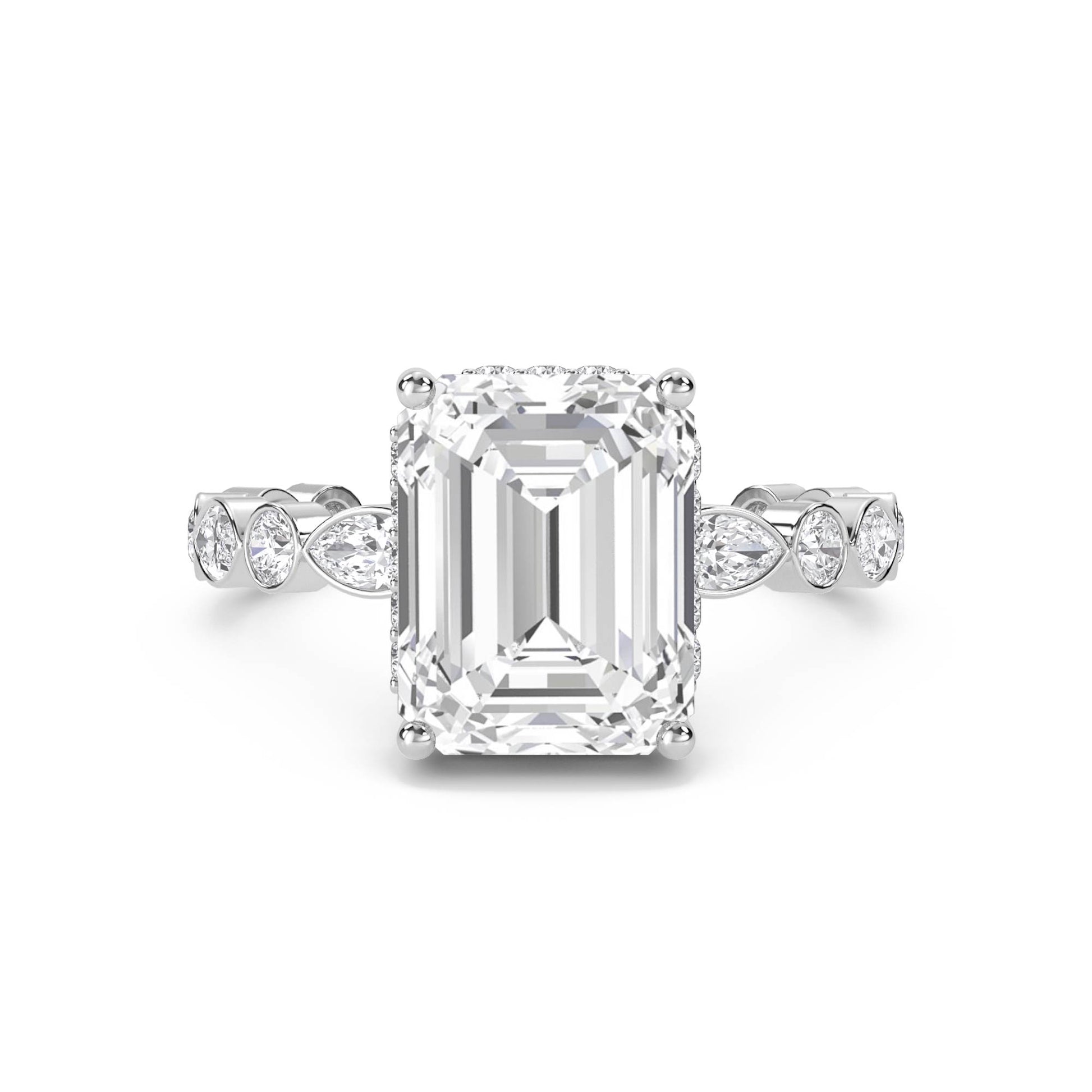 Emerald Cut Diamond Ring with Bezel Marquise Band - White Gold - Pose 1