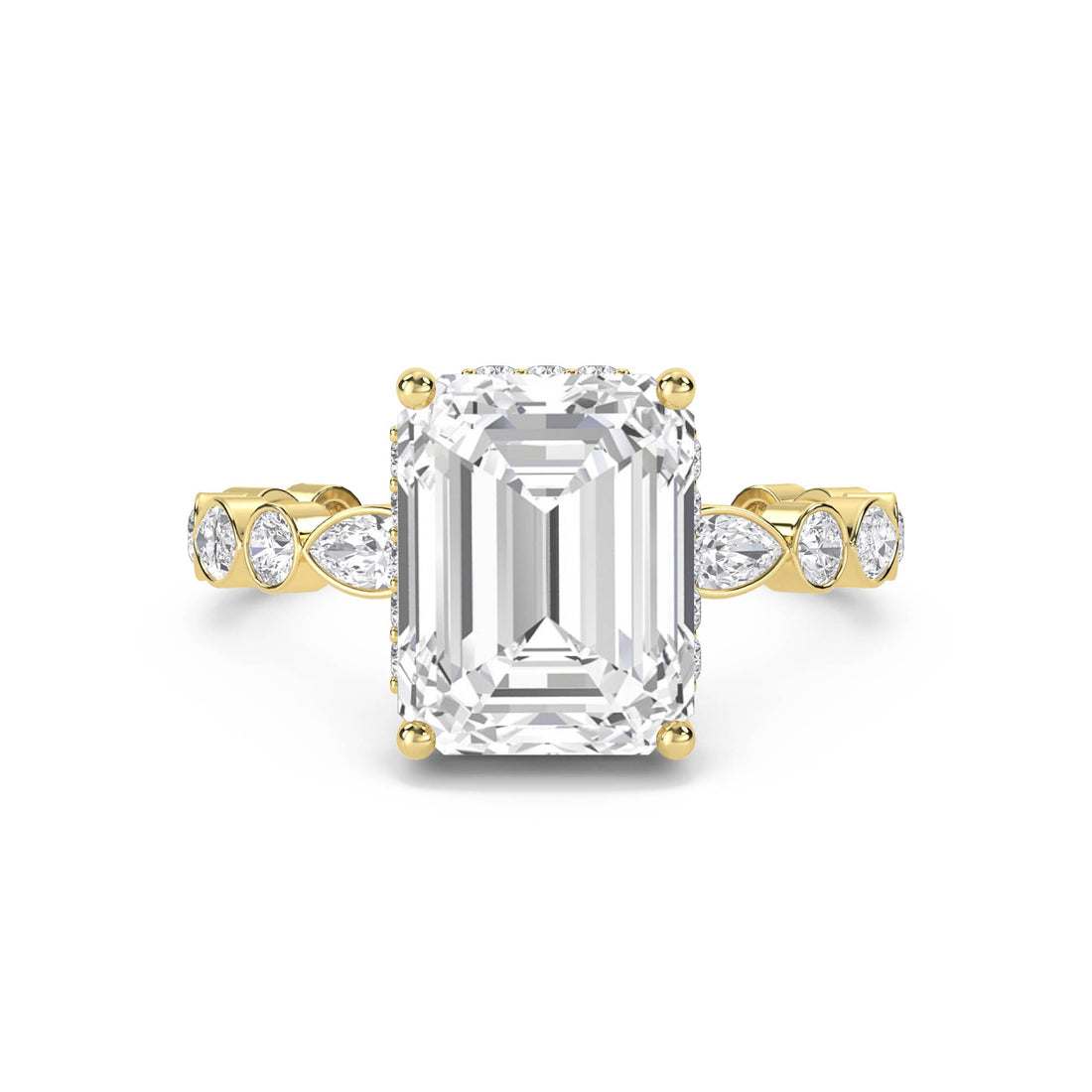 Emerald Cut Diamond Ring with Bezel Marquise Band - Yellow Gold - Pose 1
